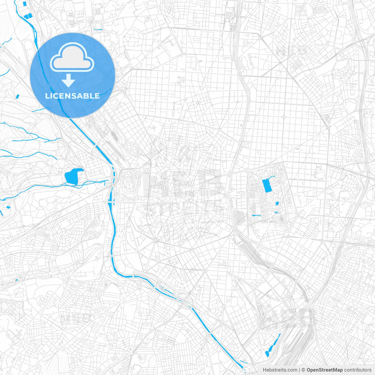 Madrid, Spain PDF vector map with water in focus