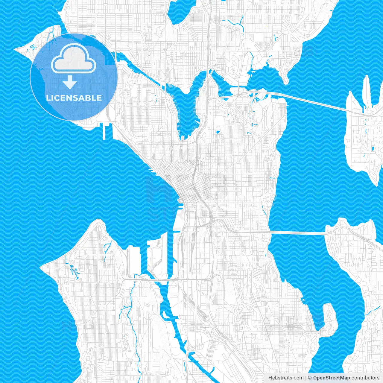 Seattle, Washington, United States, PDF vector map with water in focus