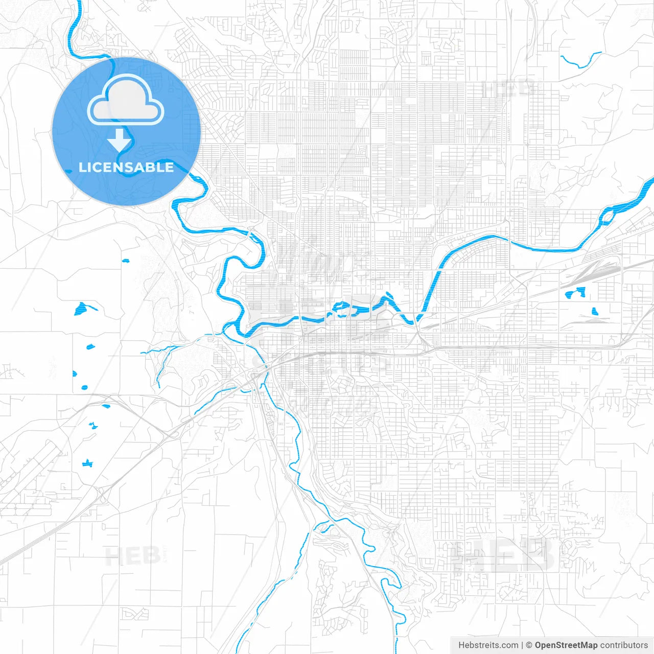 Spokane, Washington, United States, PDF vector map with water in focus