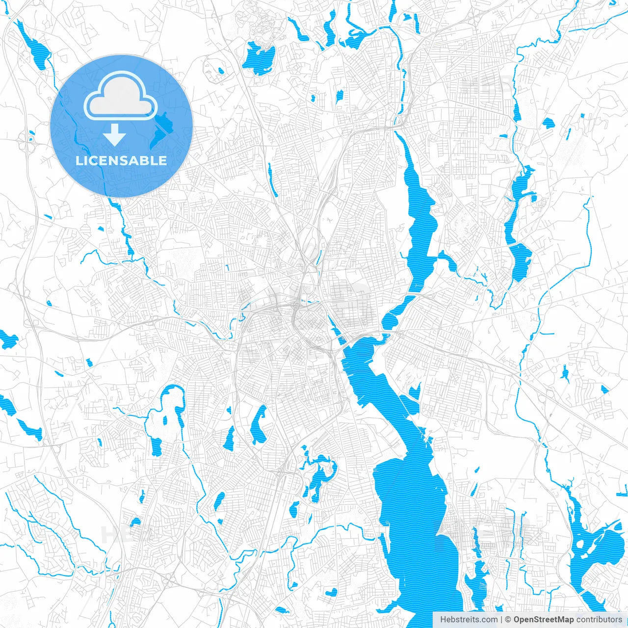 Providence, Rhode Island, United States, PDF vector map with water in focus