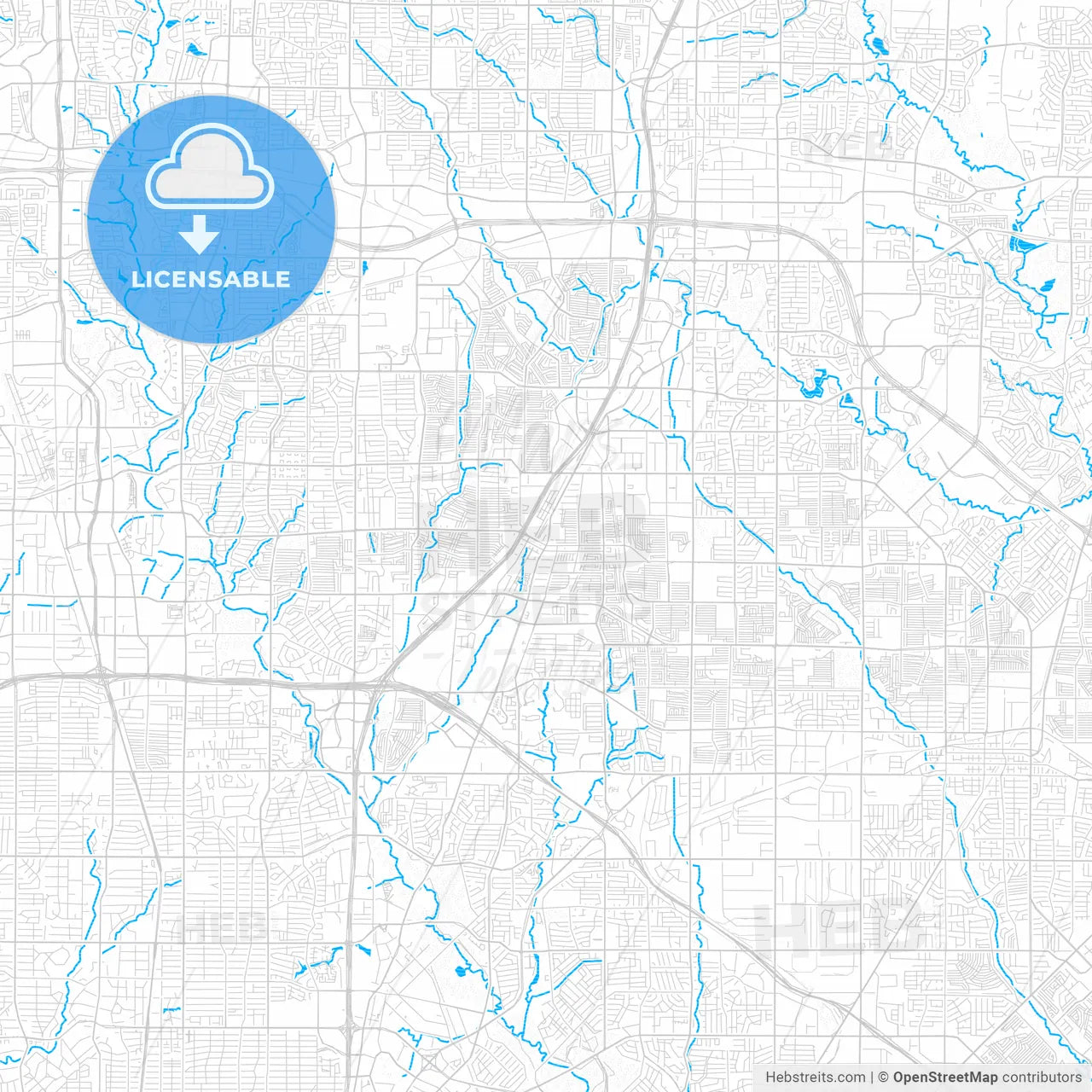 Richardson, Texas, United States, PDF vector map with water in focus