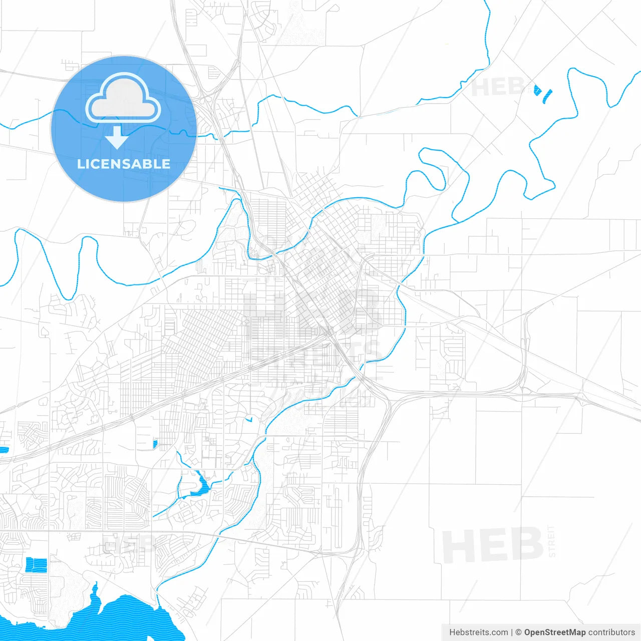 Wichita Falls, Texas, United States, PDF vector map with water in focus