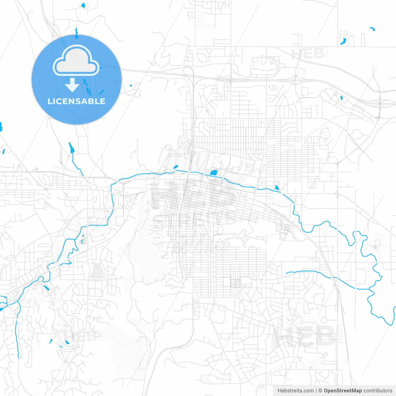 Rapid City, South Dakota, United States, PDF vector map with water in focus