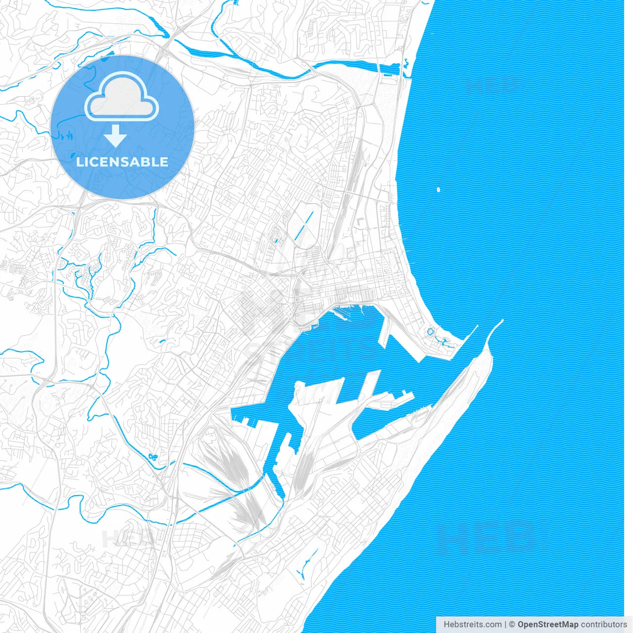 Durban, South Africa PDF vector map with water in focus