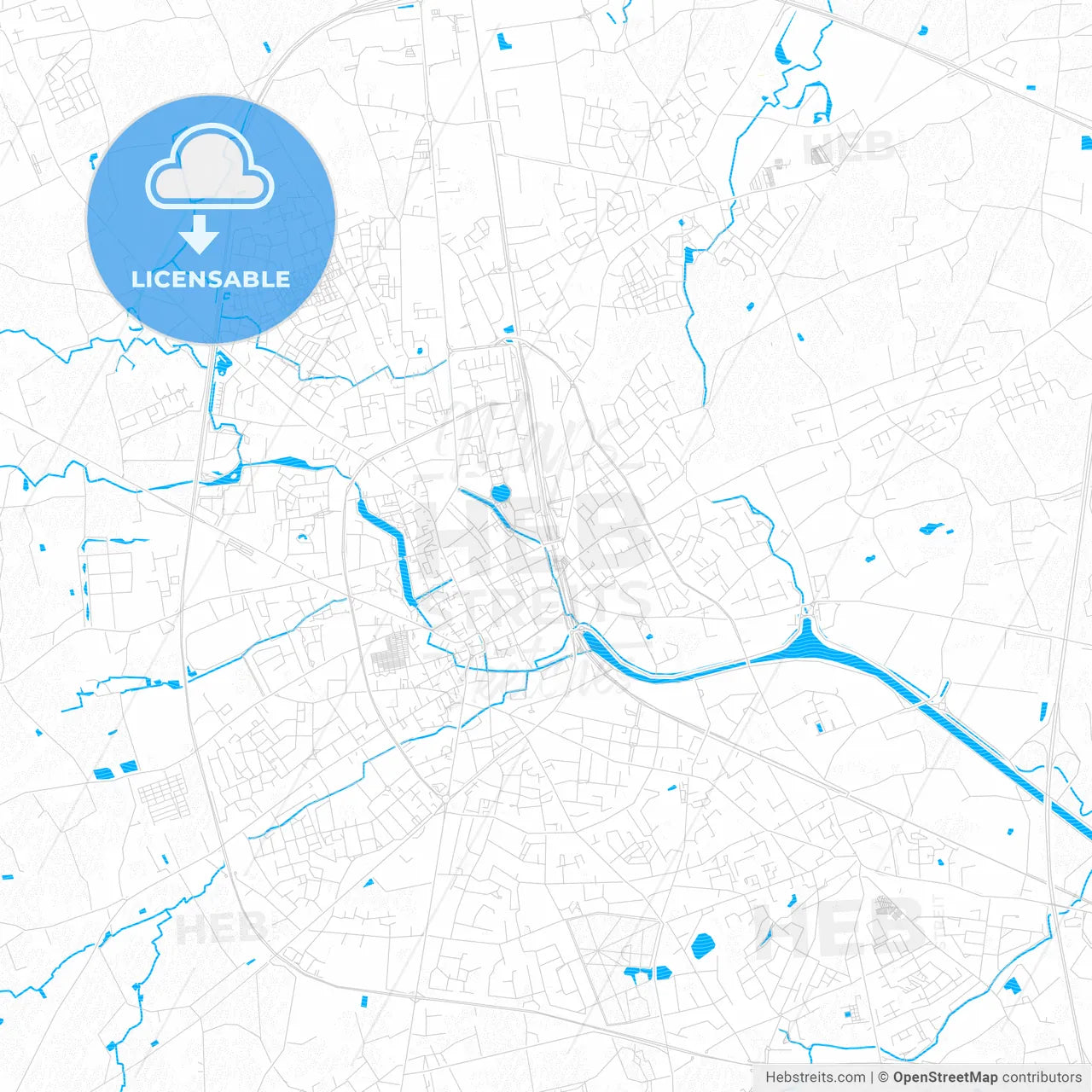 Roeselare, Belgium PDF vector map with water in focus