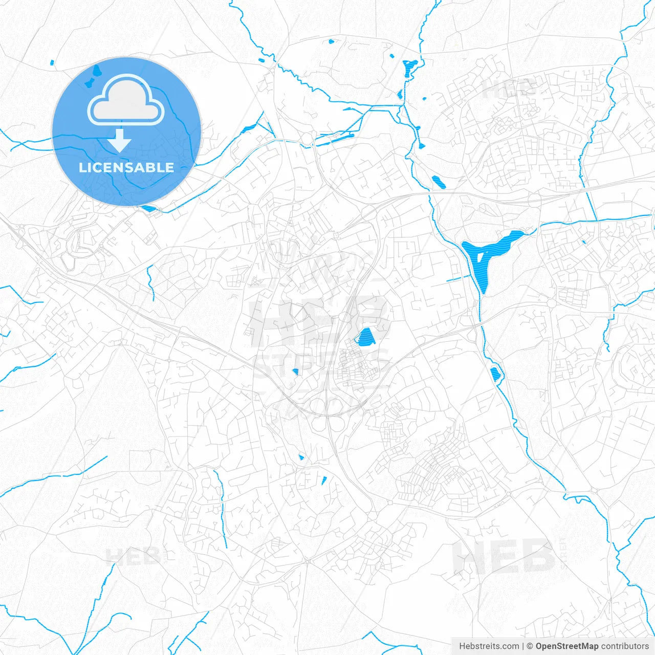 Redditch, England PDF vector map with water in focus