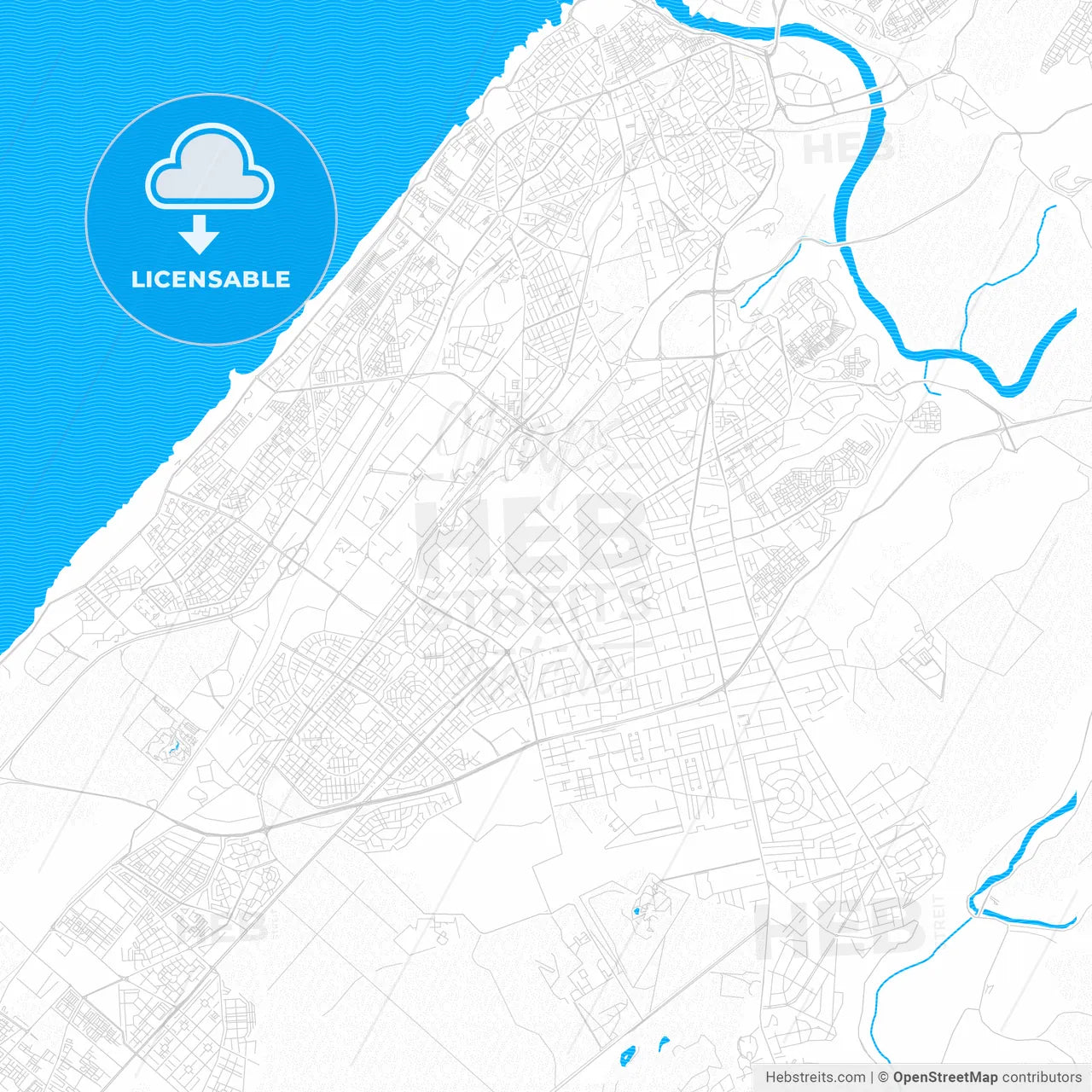 Rabat, Morocco PDF vector map with water in focus