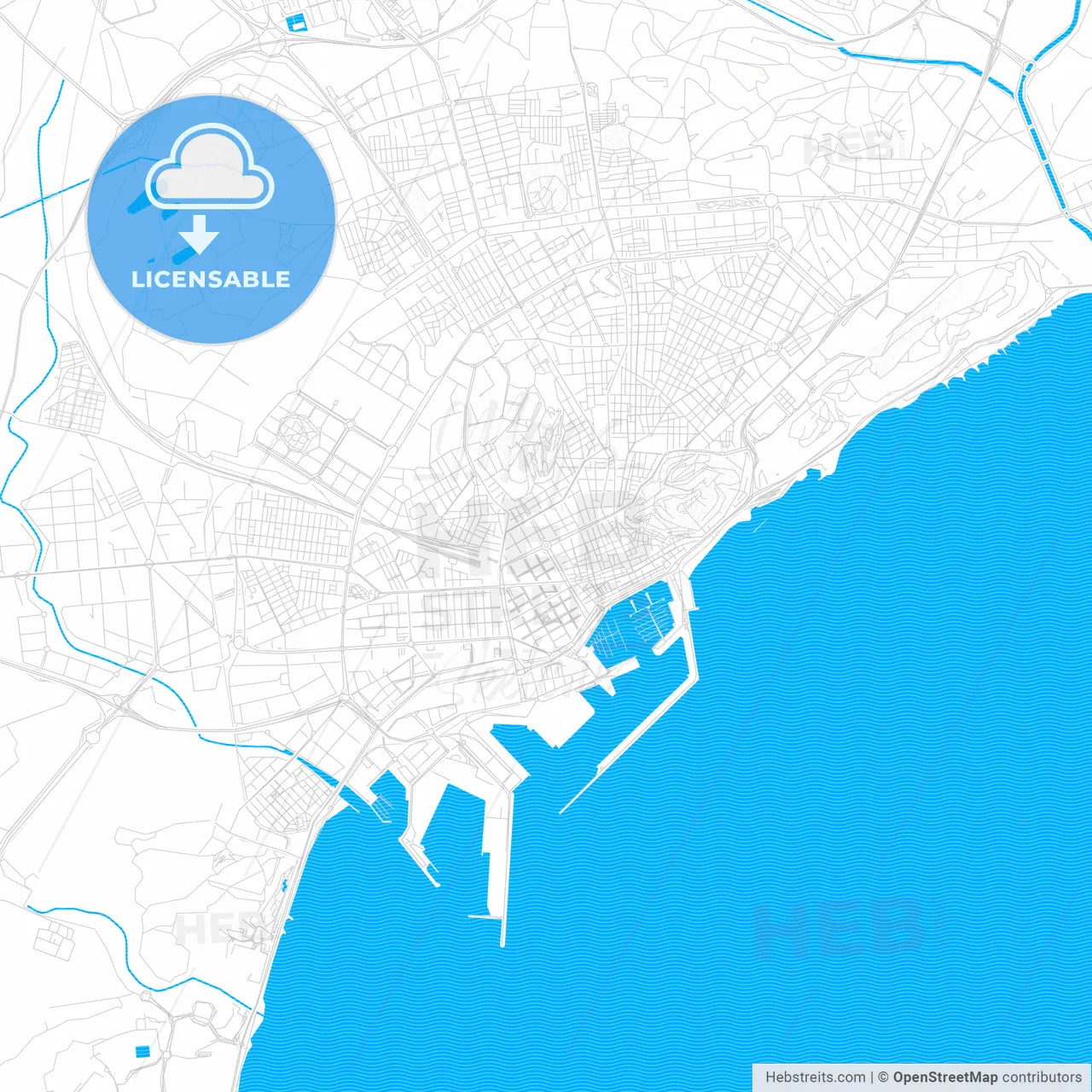 Alicante, Spain PDF vector map with water in focus