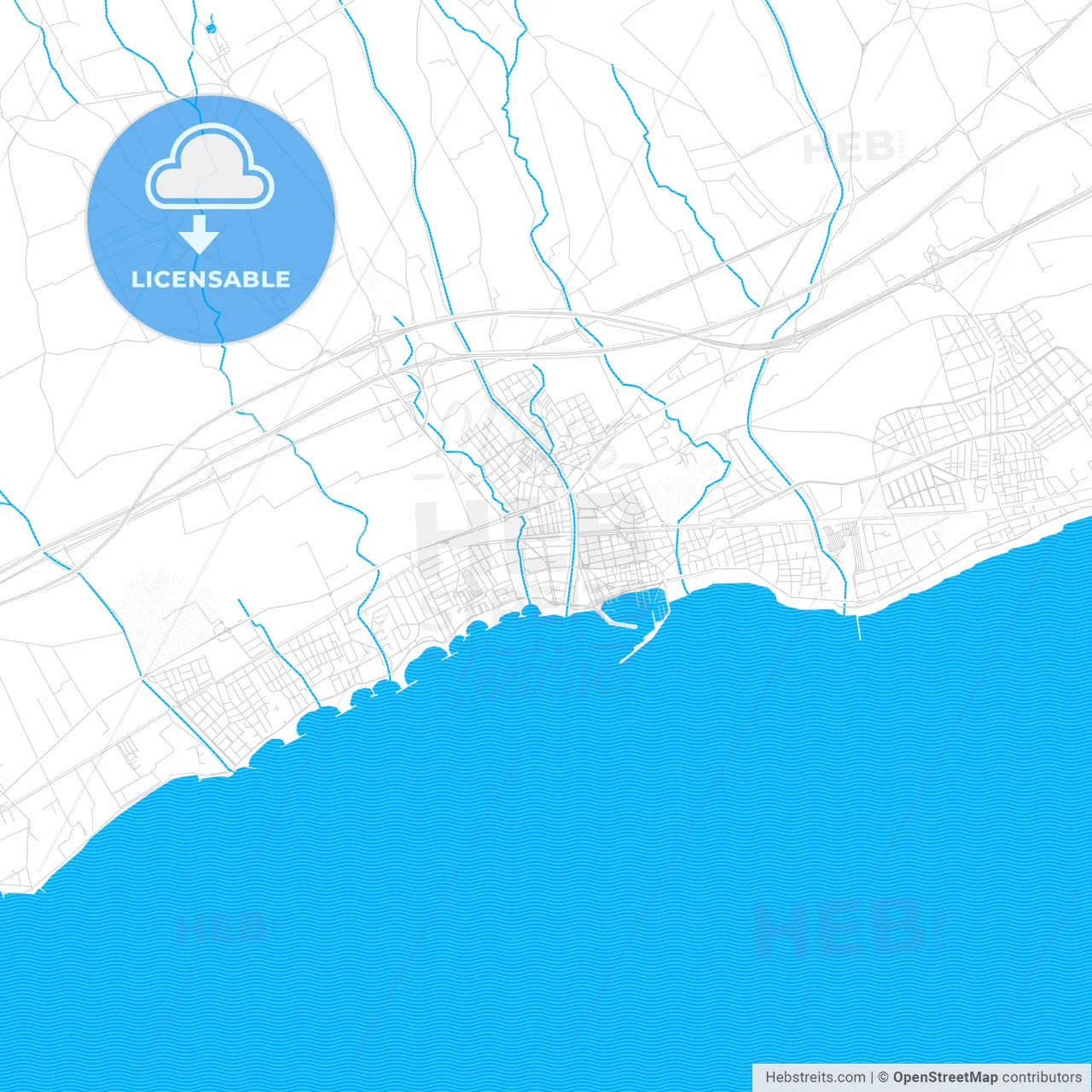 Cambrils, Spain PDF vector map with water in focus