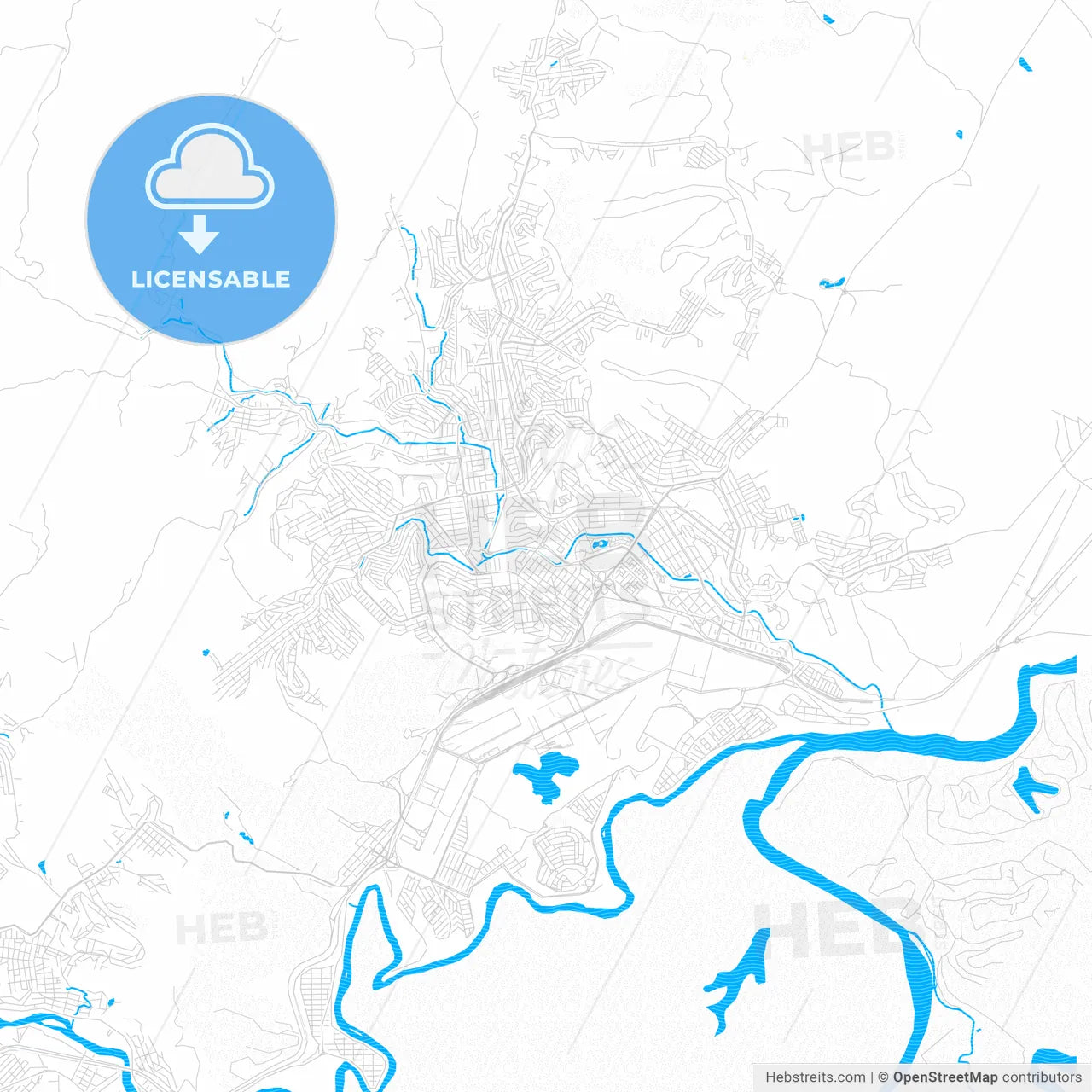 Ipatinga, Brazil PDF vector map with water in focus