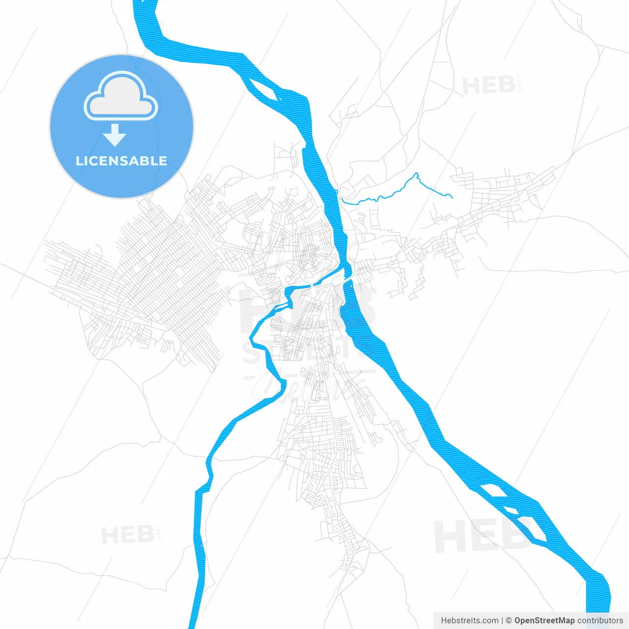 Tshikapa, DR Congo PDF vector map with water in focus
