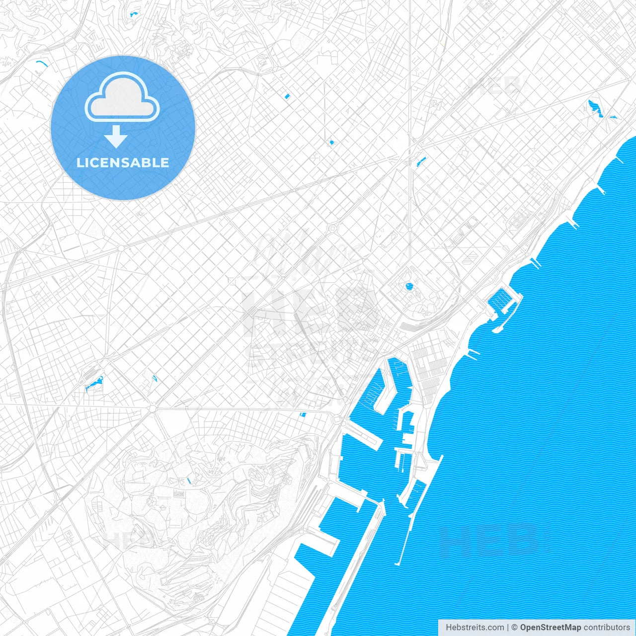 Barcelona, Spain PDF vector map with water in focus