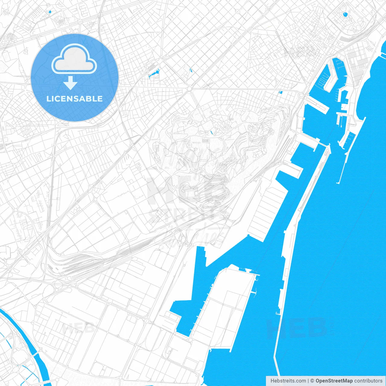 Sants-Montjuïc, Spain PDF vector map with water in focus