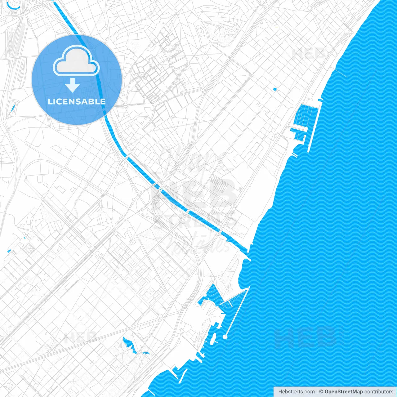 Sant Adrià de Besòs, Spain PDF vector map with water in focus