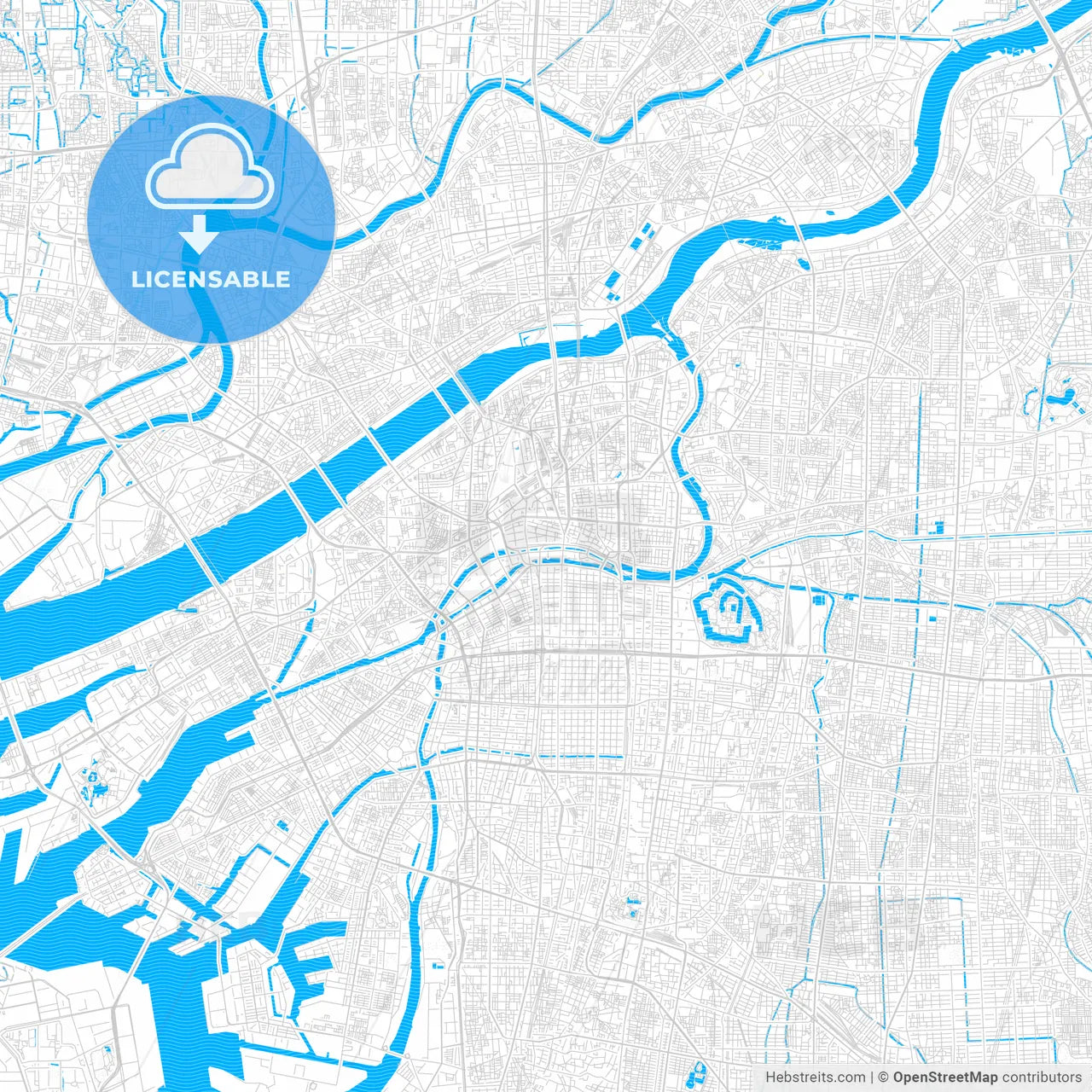 Osaka, Japan PDF vector map with water in focus
