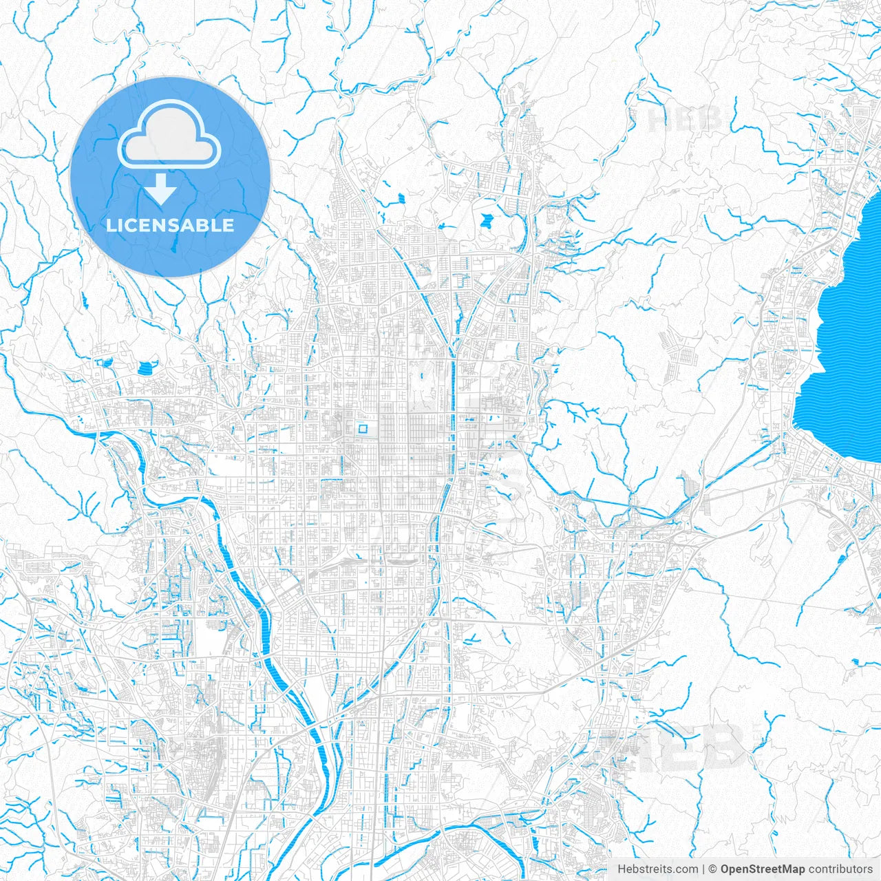 Kyoto, Japan PDF vector map with water in focus