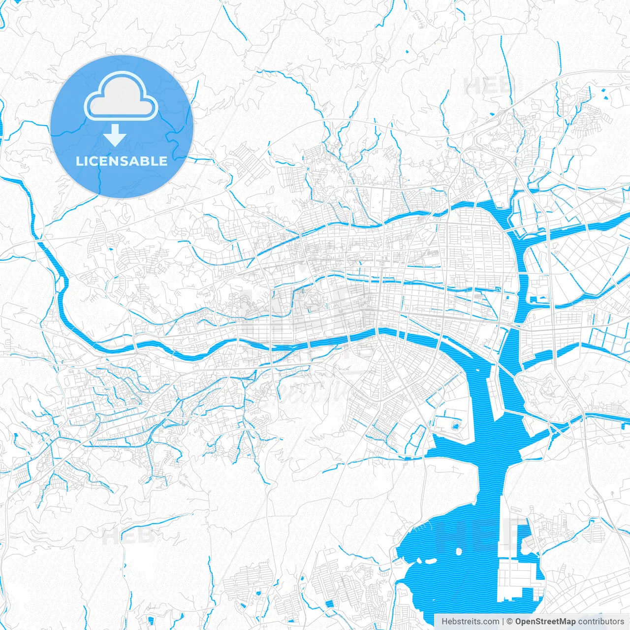Kōchi, Japan PDF vector map with water in focus
