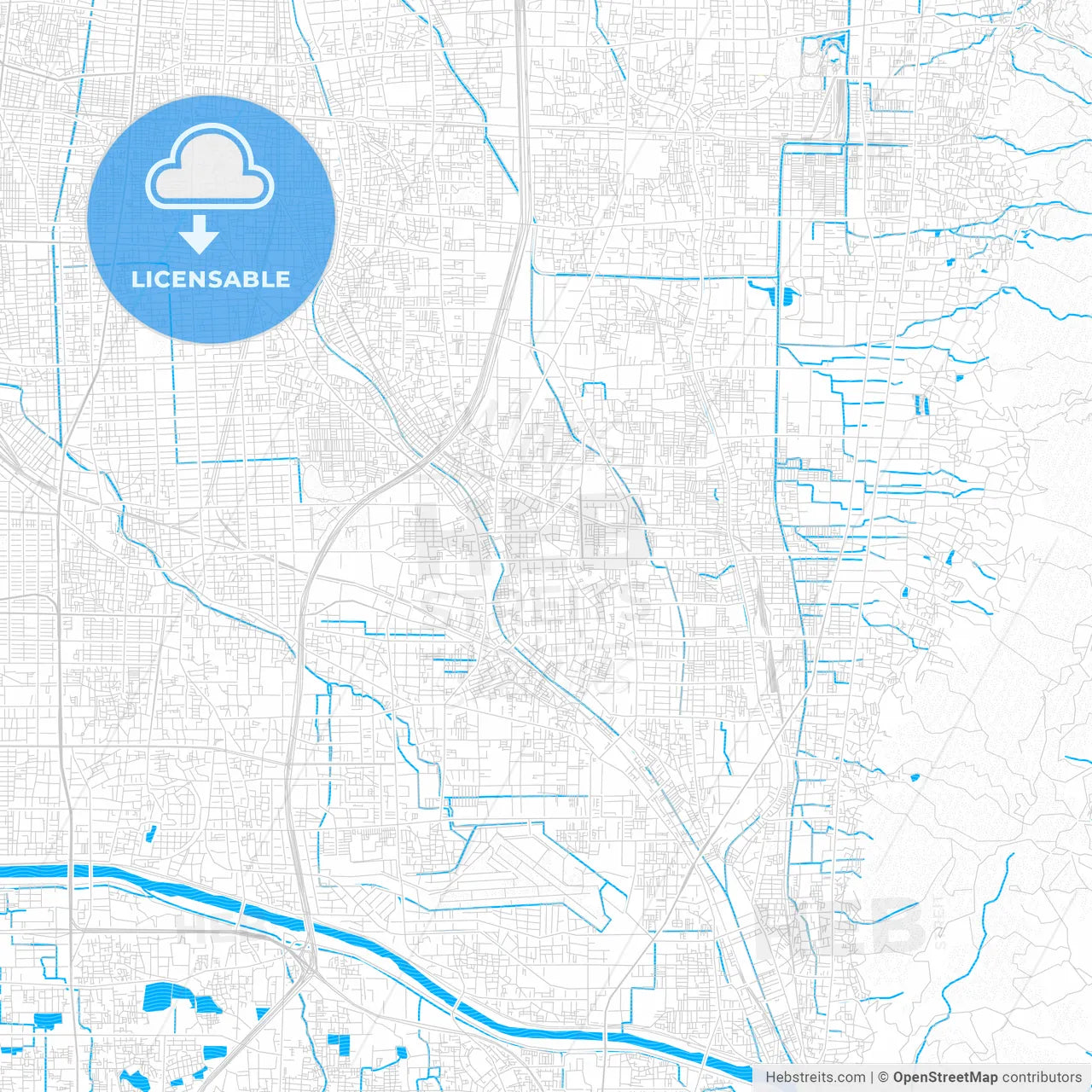 Yao, Japan PDF vector map with water in focus
