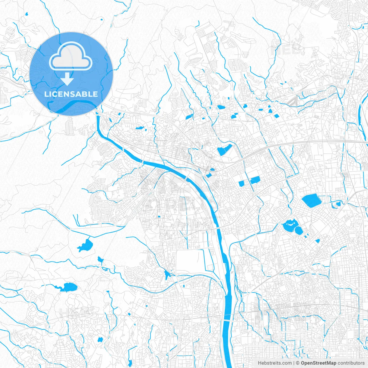 Takarazuka, Japan PDF vector map with water in focus