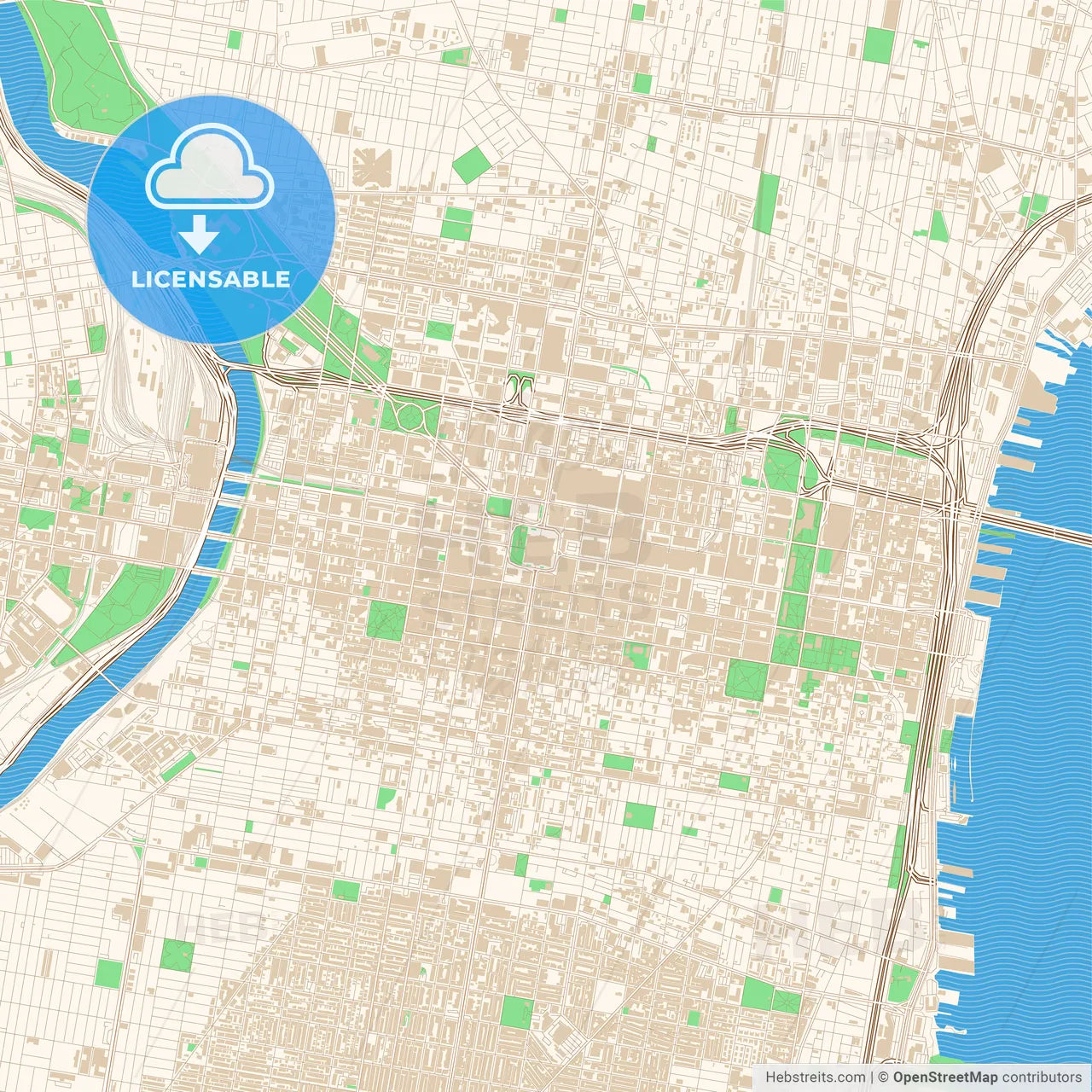Street map of downtown Philadelphia, Pennsylvania