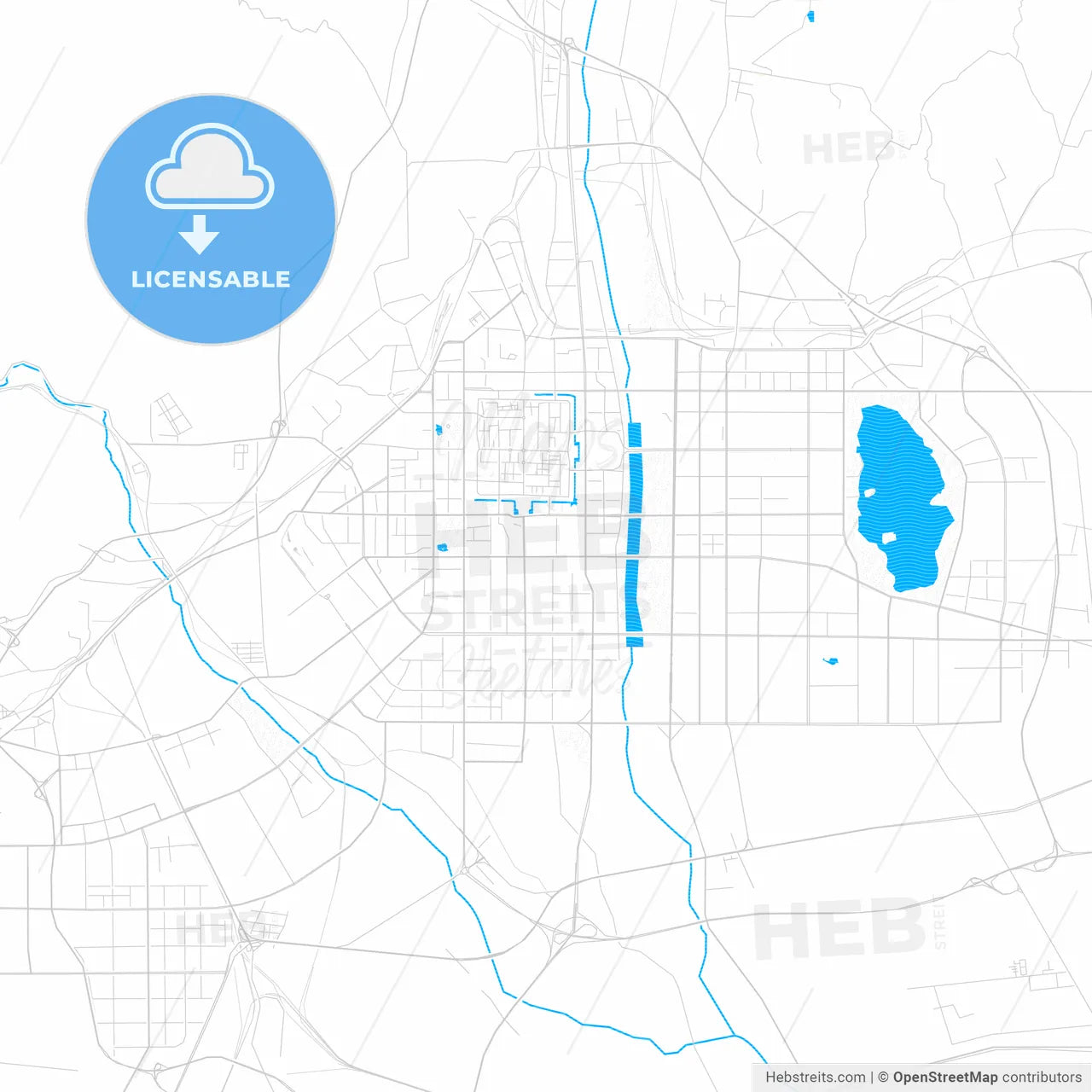 Datong, China PDF vector map with water in focus