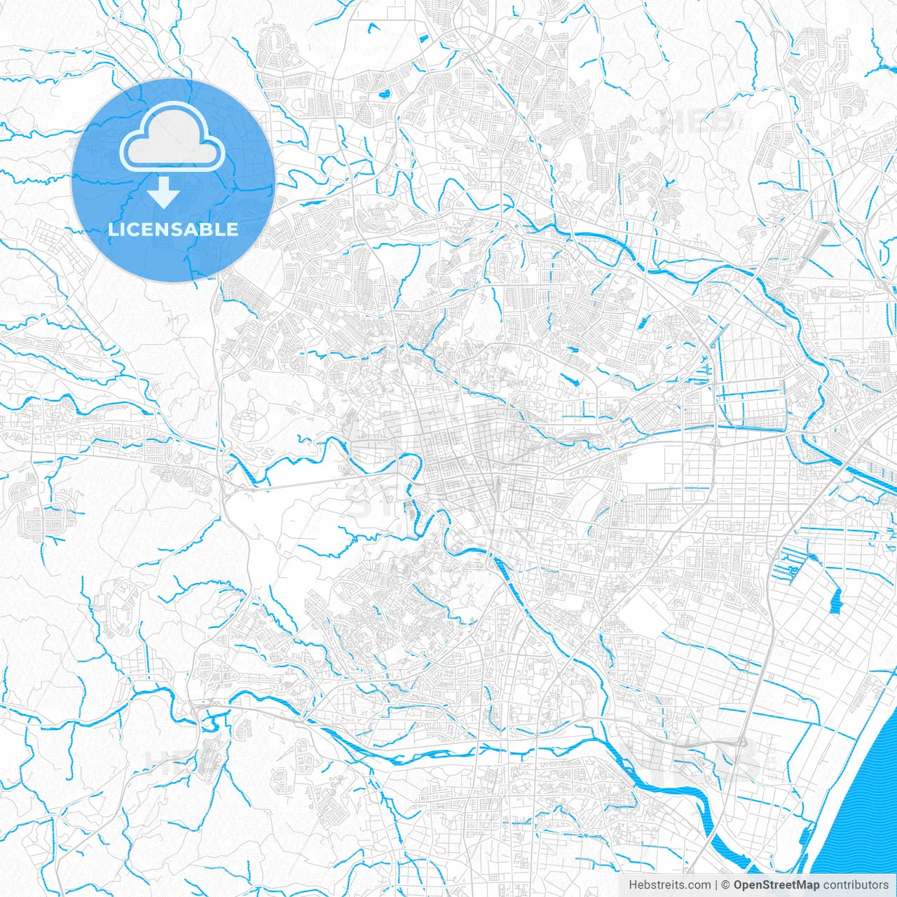 Sendai, Japan PDF vector map with water in focus