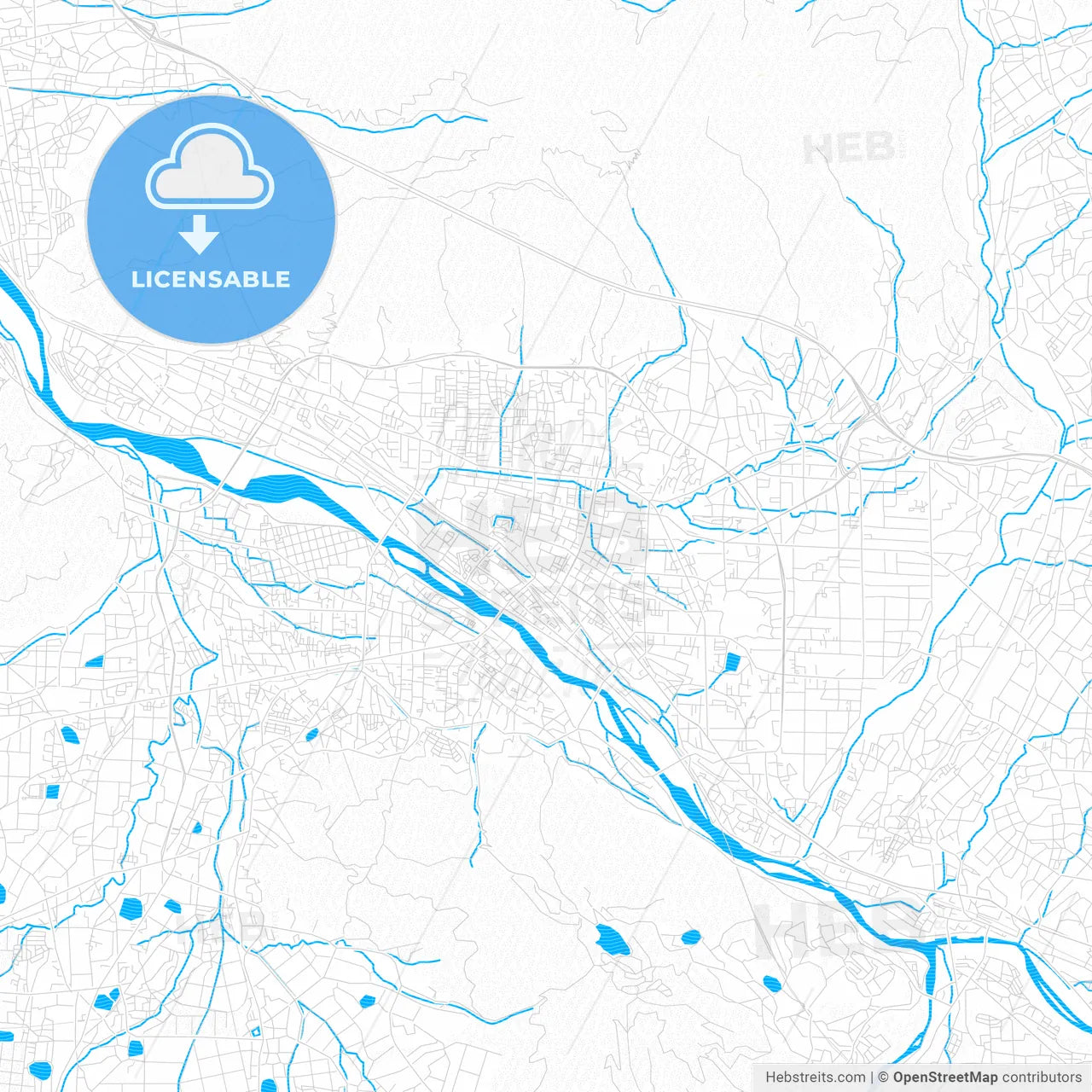 Ueda, Japan PDF vector map with water in focus