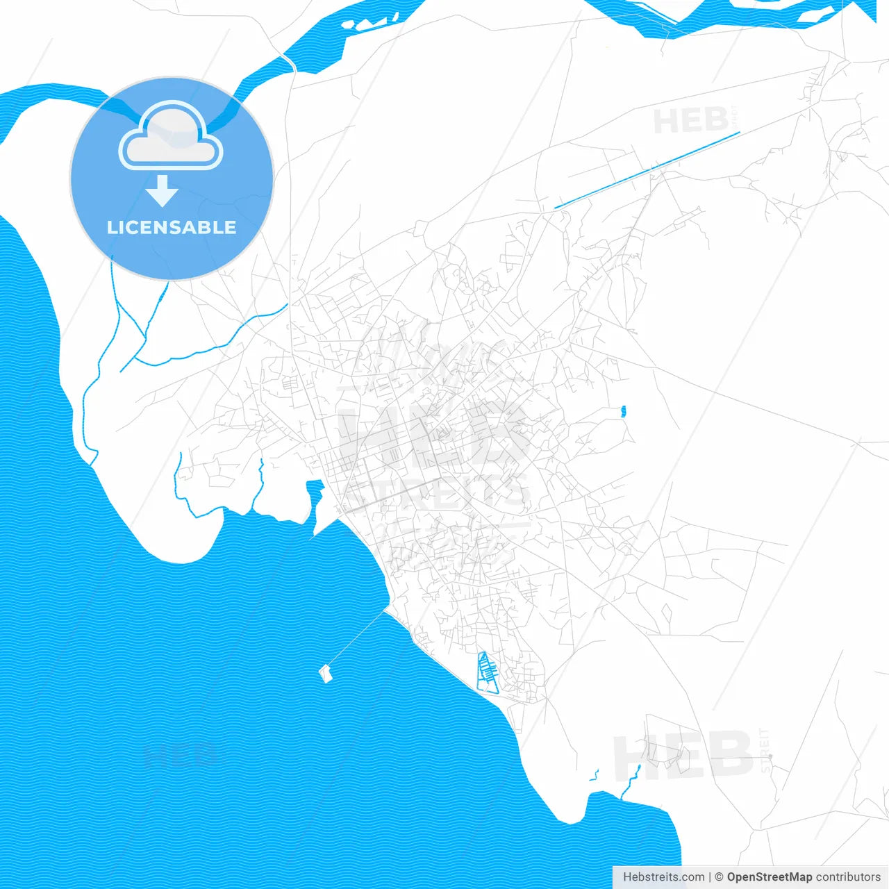 Toliara, Madagascar PDF vector map with water in focus