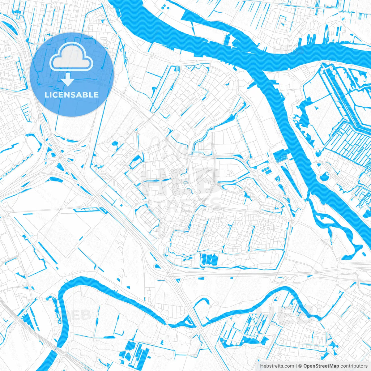 Ridderkerk, Netherlands PDF vector map with water in focus