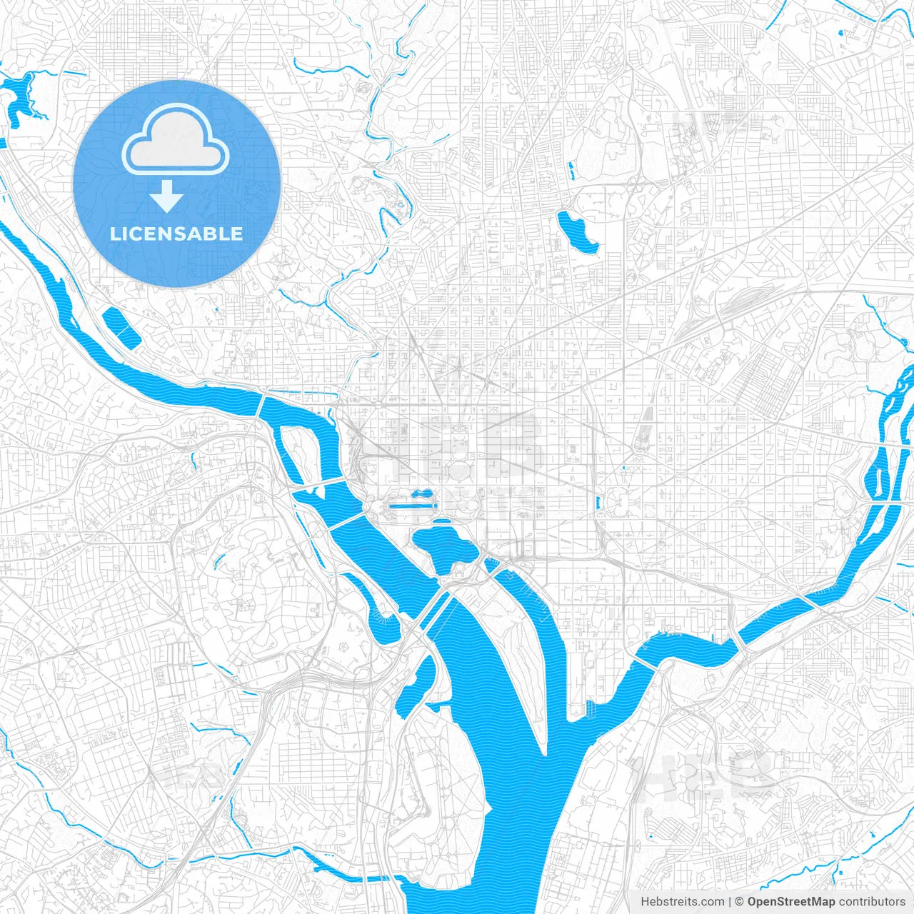 Washington, D.C., United States, PDF vector map with water in focus