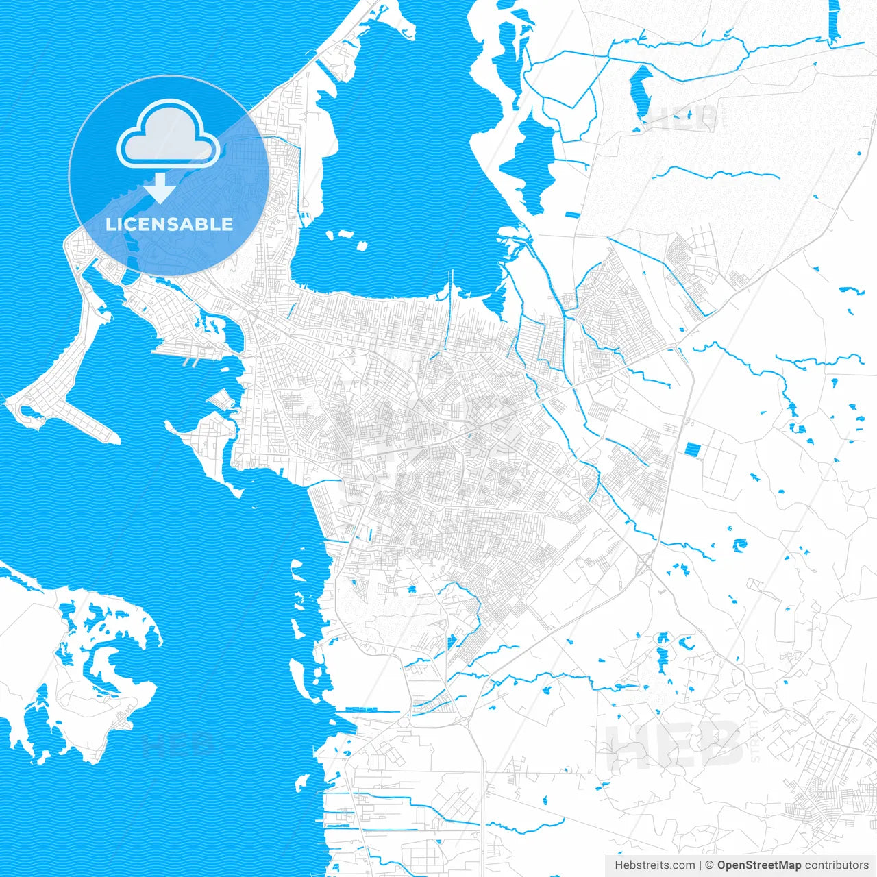 Cartagena, Colombia PDF vector map with water in focus