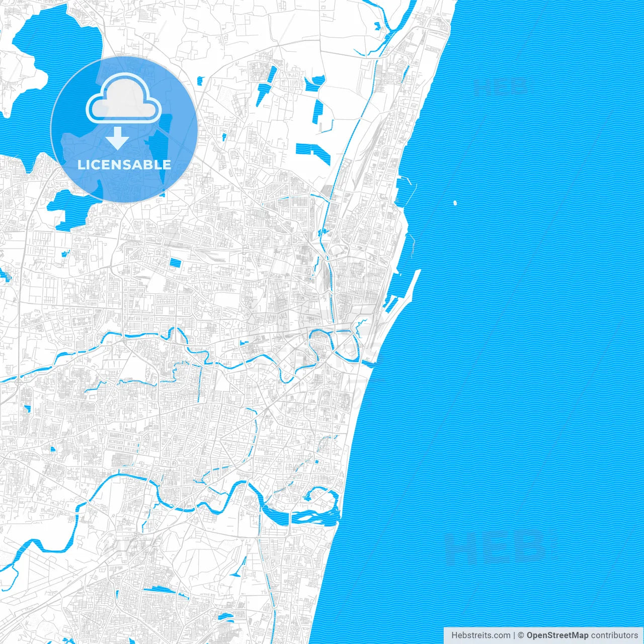 Chennai, India PDF vector map with water in focus