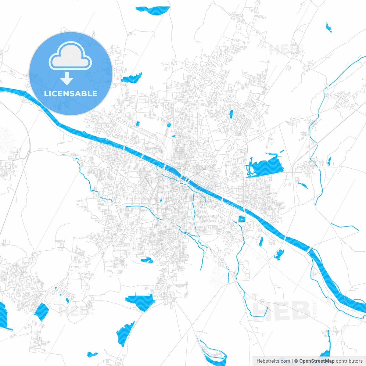 Madurai, India PDF vector map with water in focus