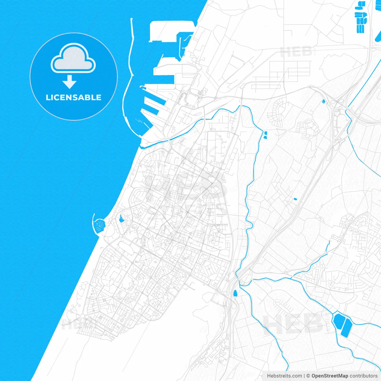 Ashdod, Israel PDF vector map with water in focus