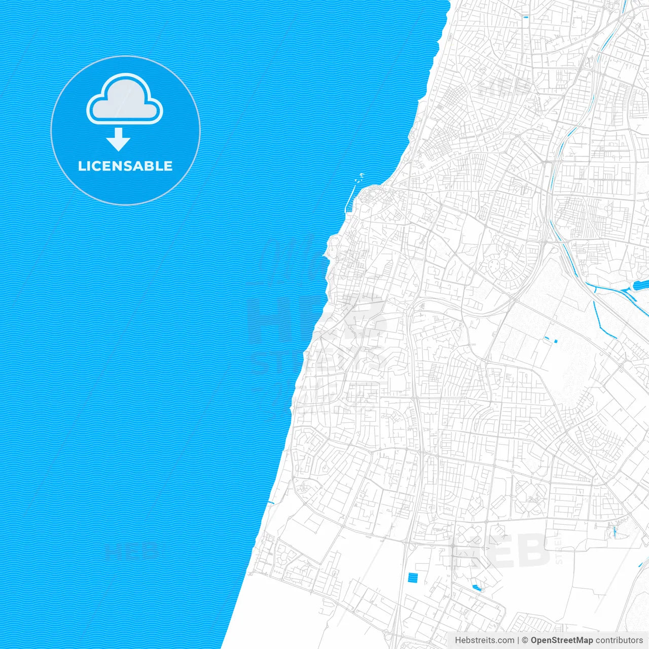 Bat Yam, Israel PDF vector map with water in focus