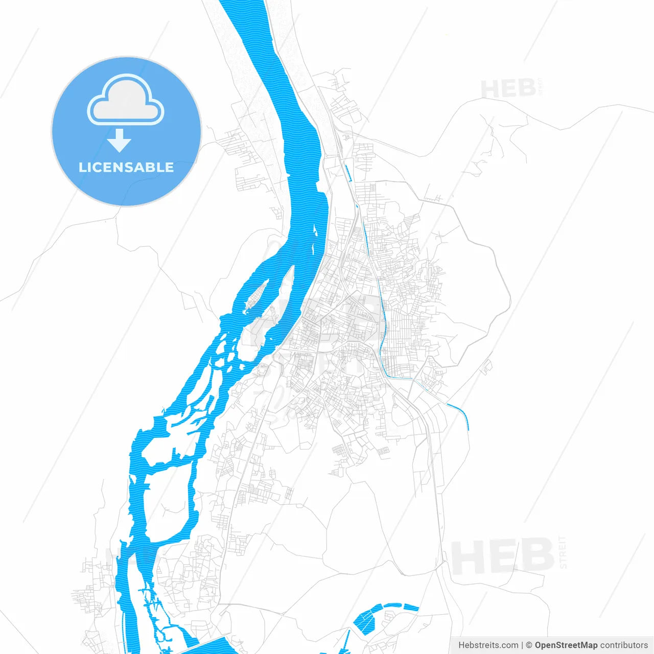 Aswan, Egypt PDF vector map with water in focus