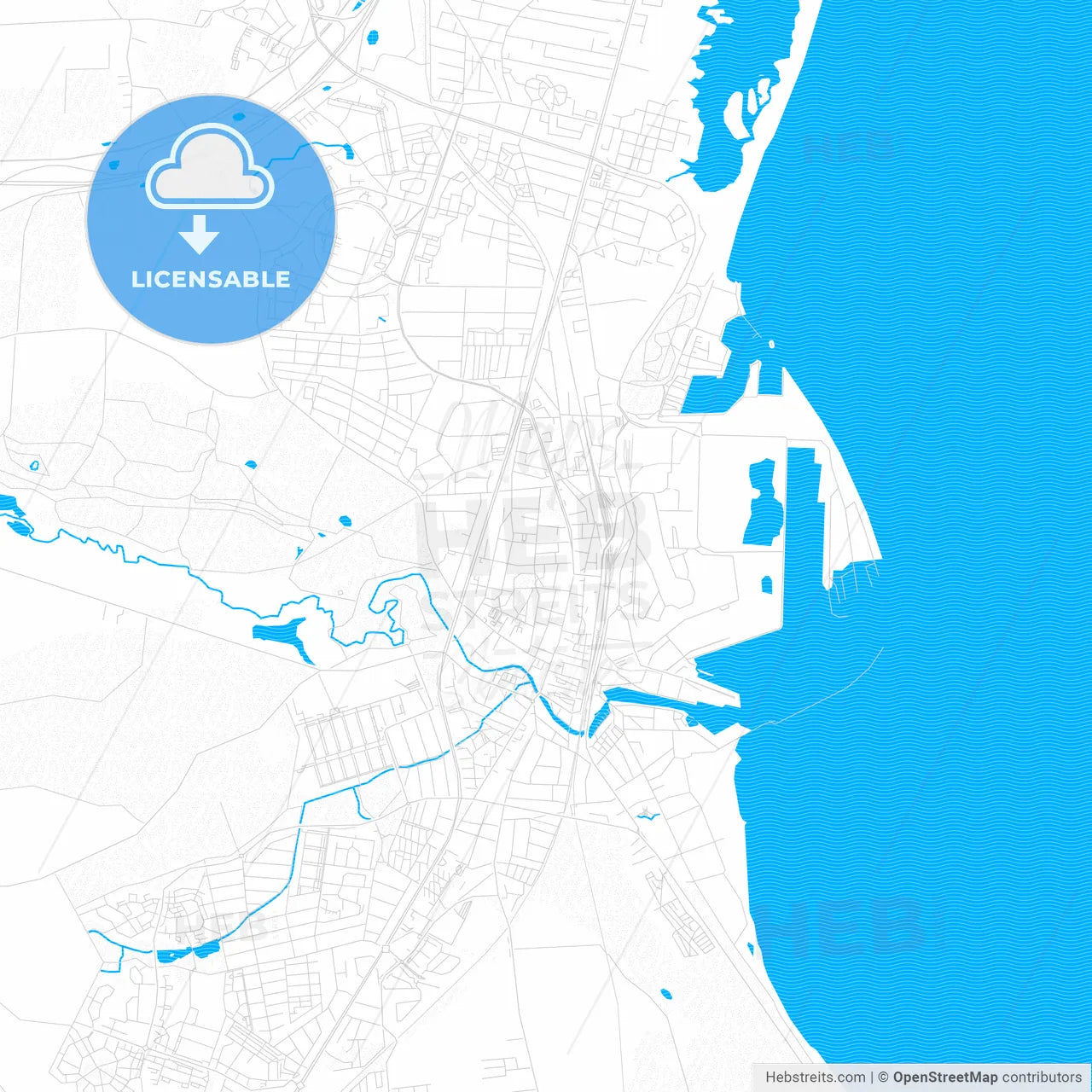 Køge, Denmark PDF vector map with water in focus