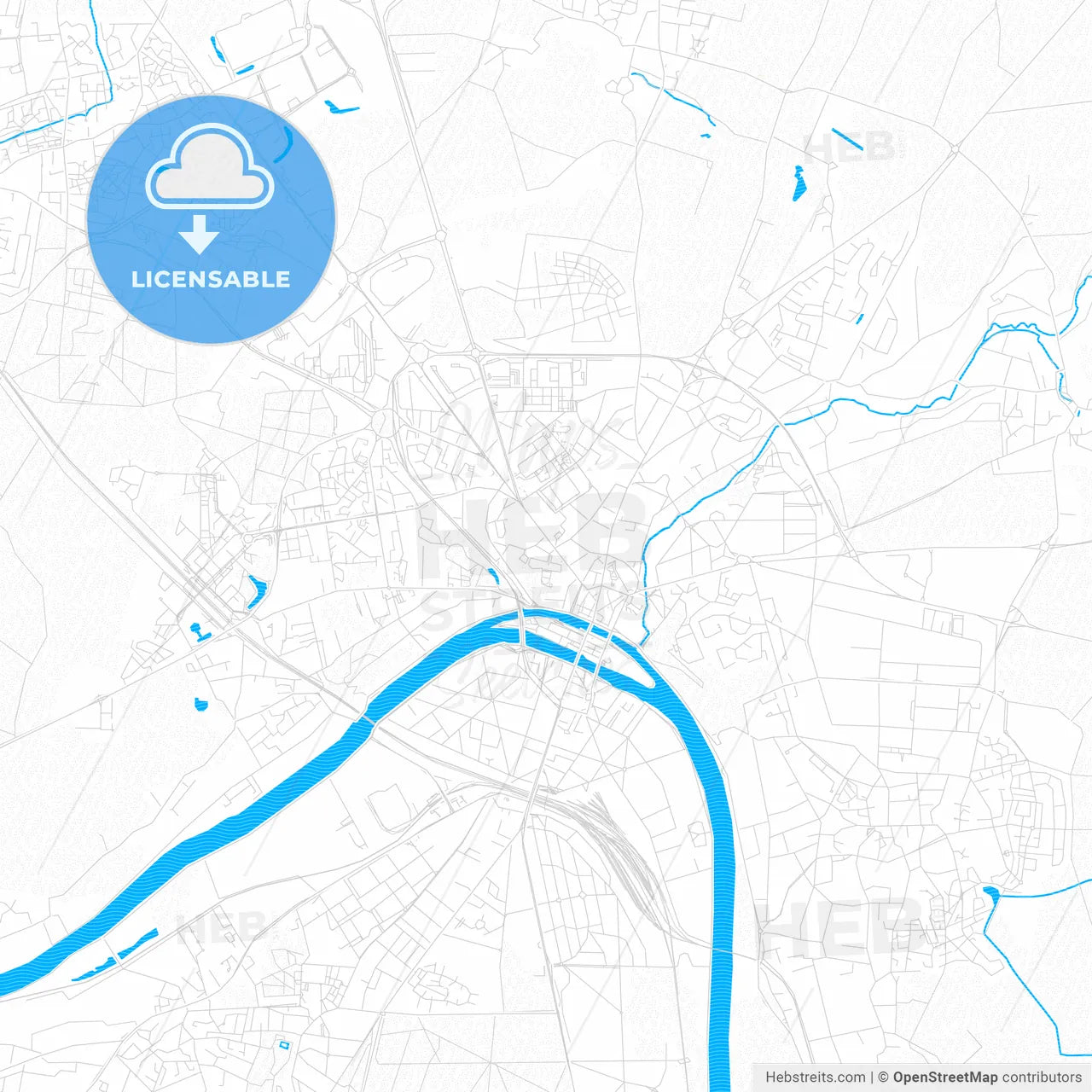 Melun, France PDF vector map with water in focus