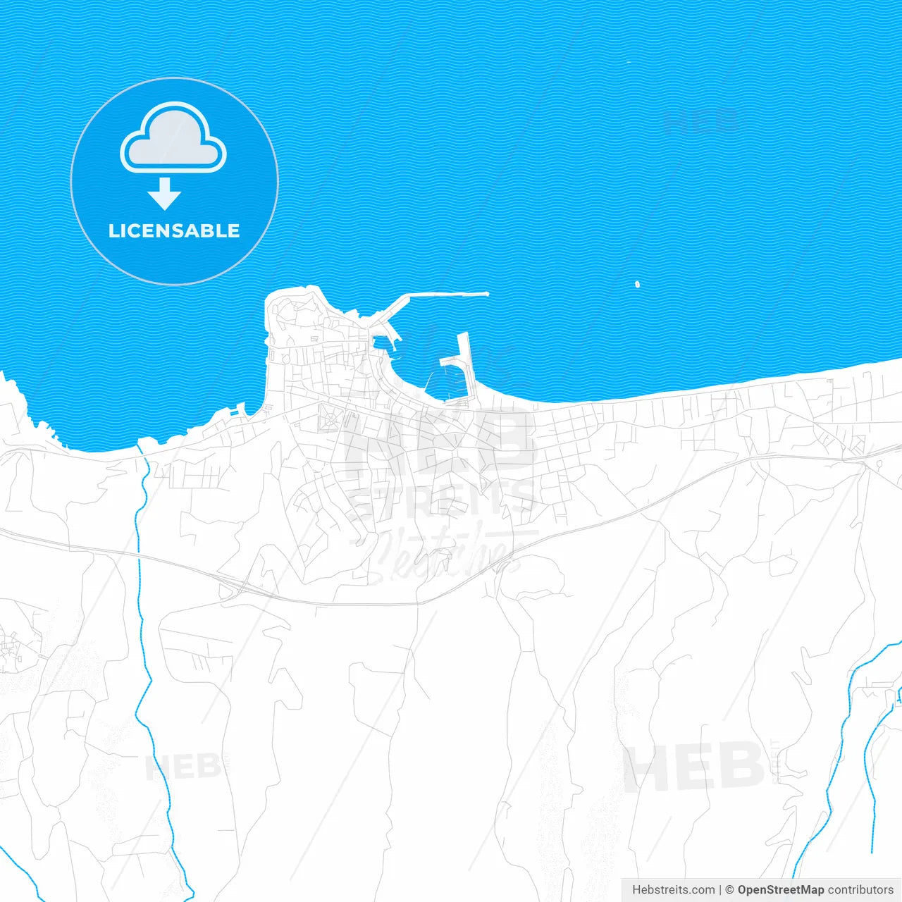 Rethymno, Greece PDF vector map with water in focus