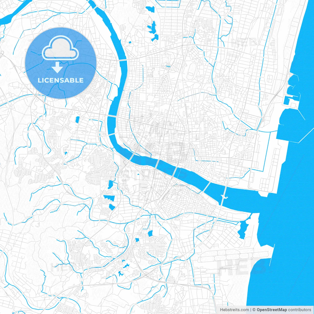Miyazaki, Japan PDF vector map with water in focus