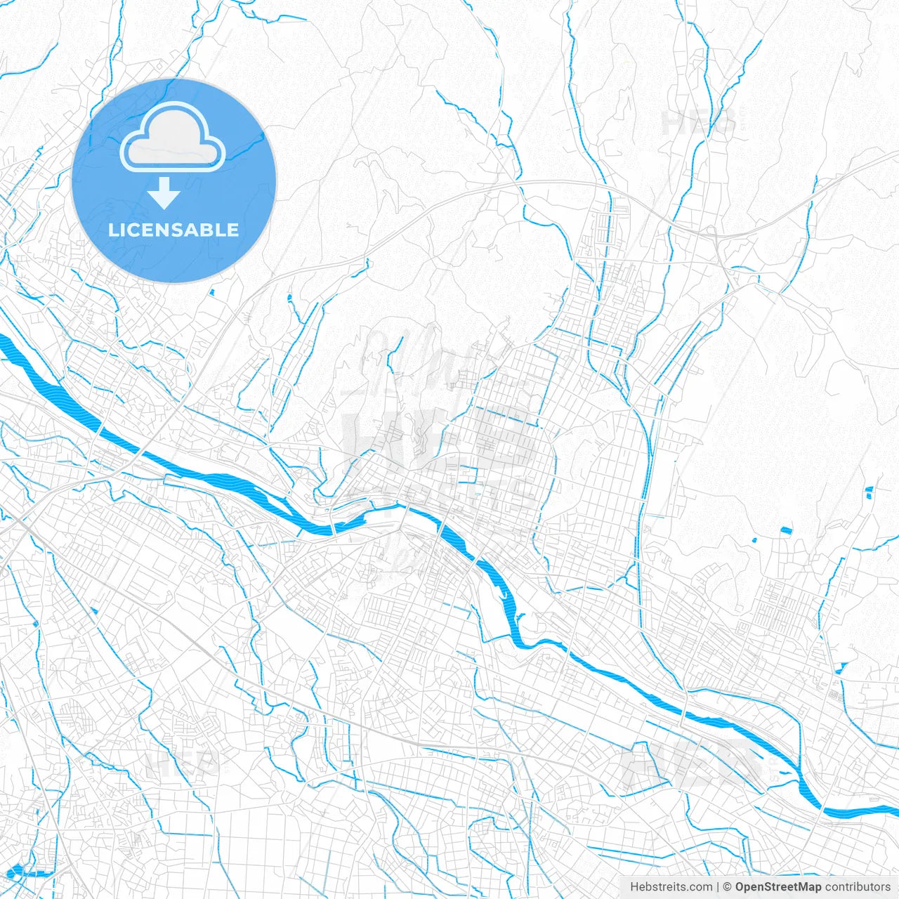 Ashikaga, Japan PDF vector map with water in focus