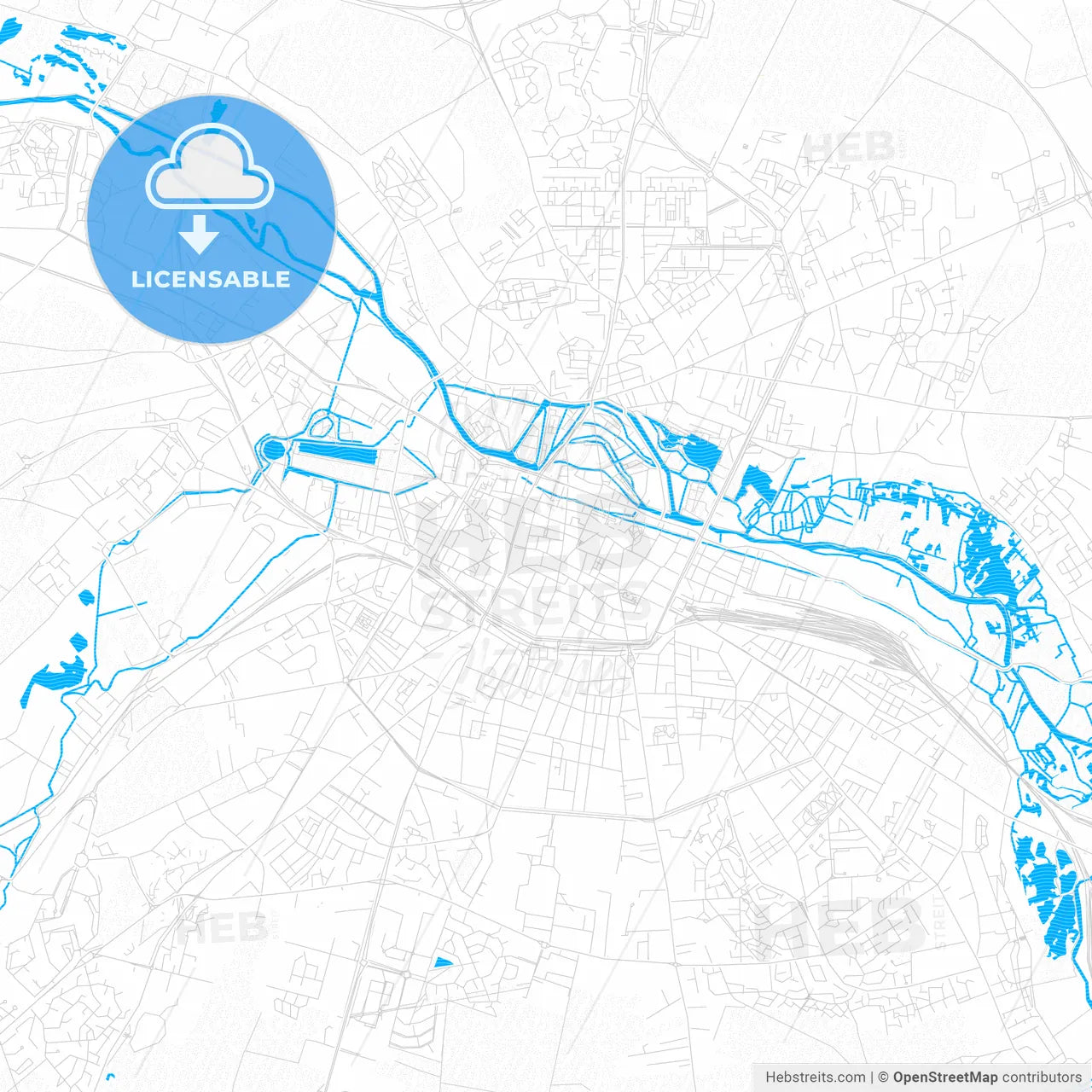 Amiens, France PDF vector map with water in focus