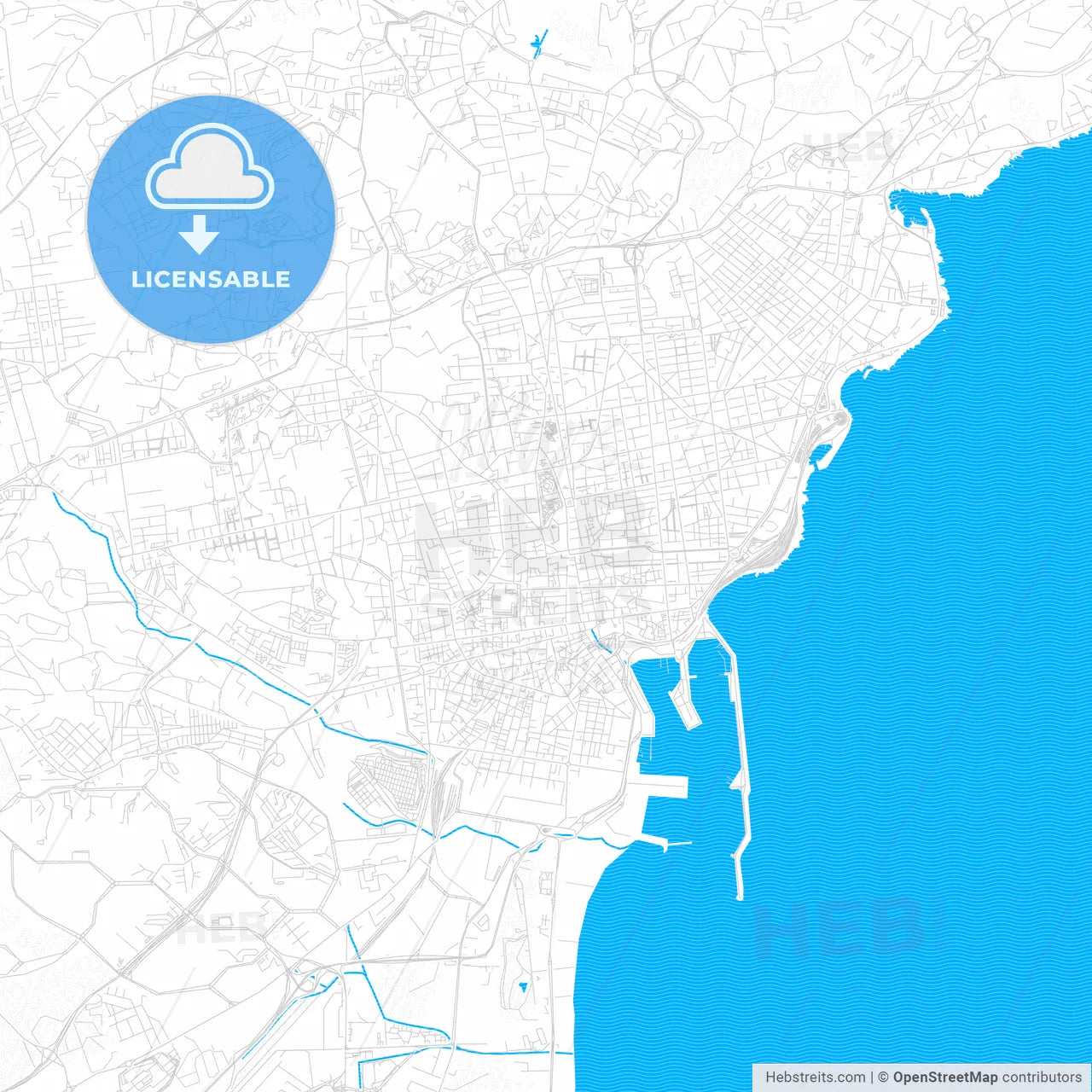 Catania, Italy PDF vector map with water in focus