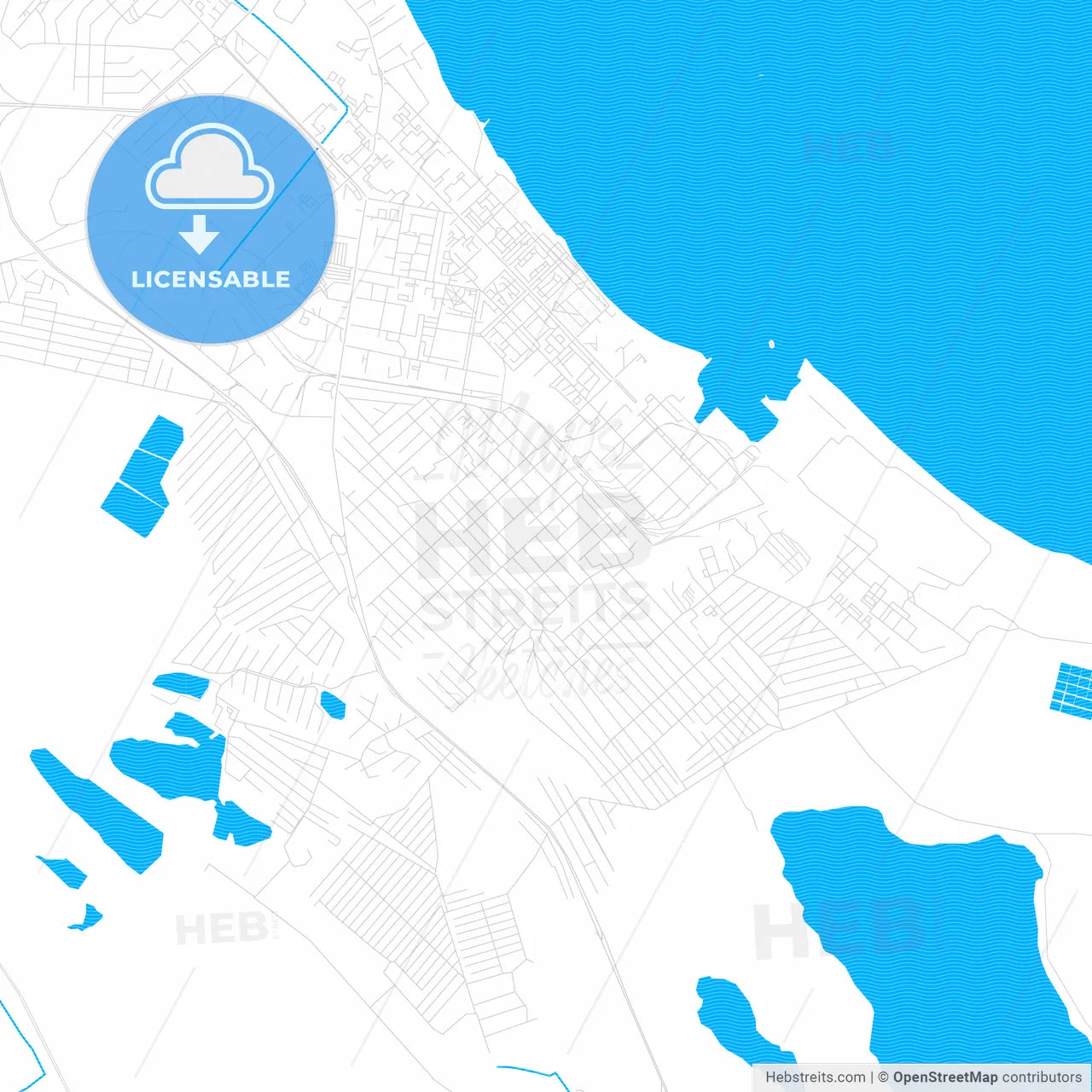 Kaspiysk, Russia PDF vector map with water in focus