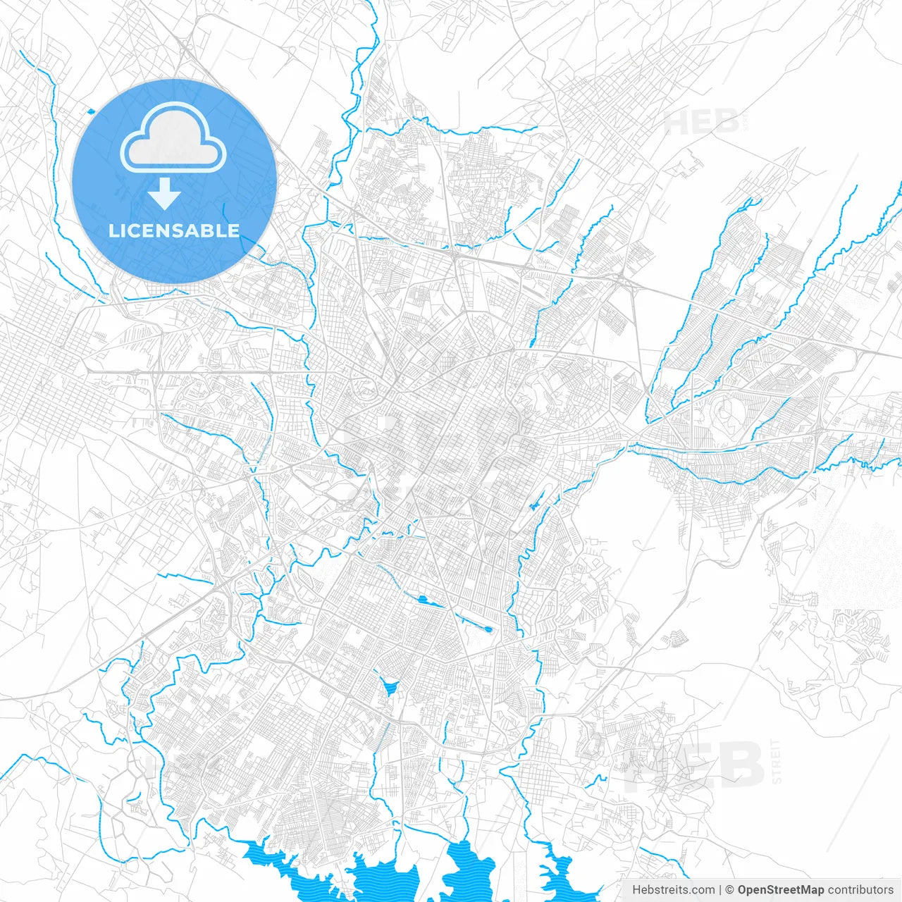 Puebla, Mexico PDF vector map with water in focus