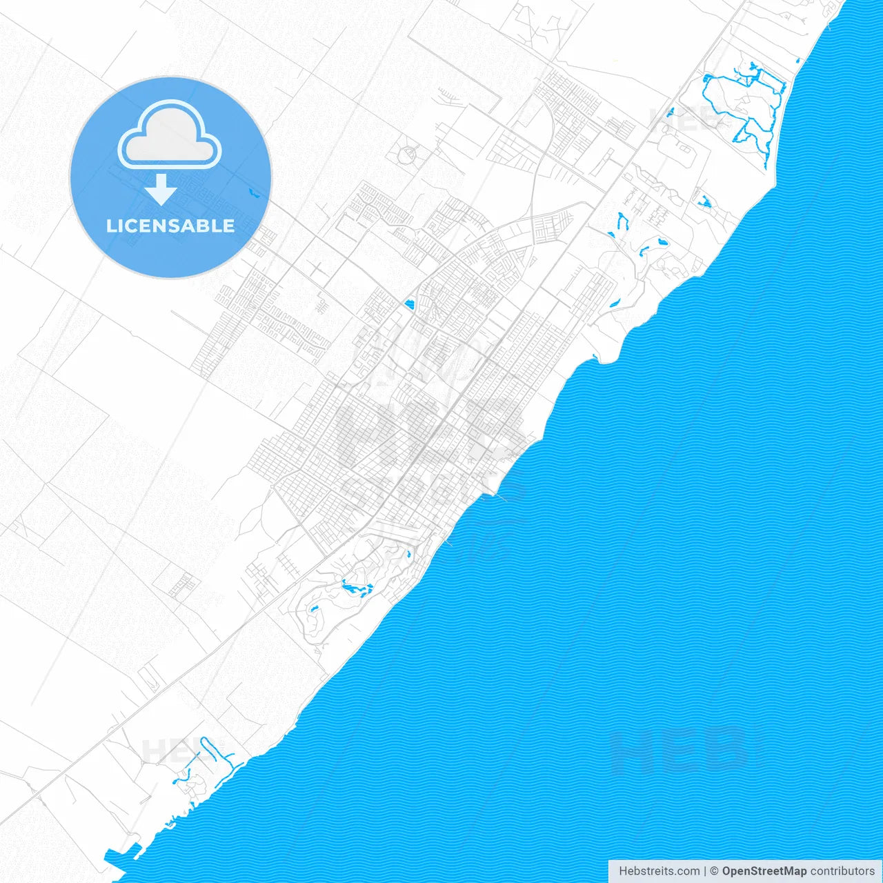 Playa del Carmen, Mexico PDF vector map with water in focus