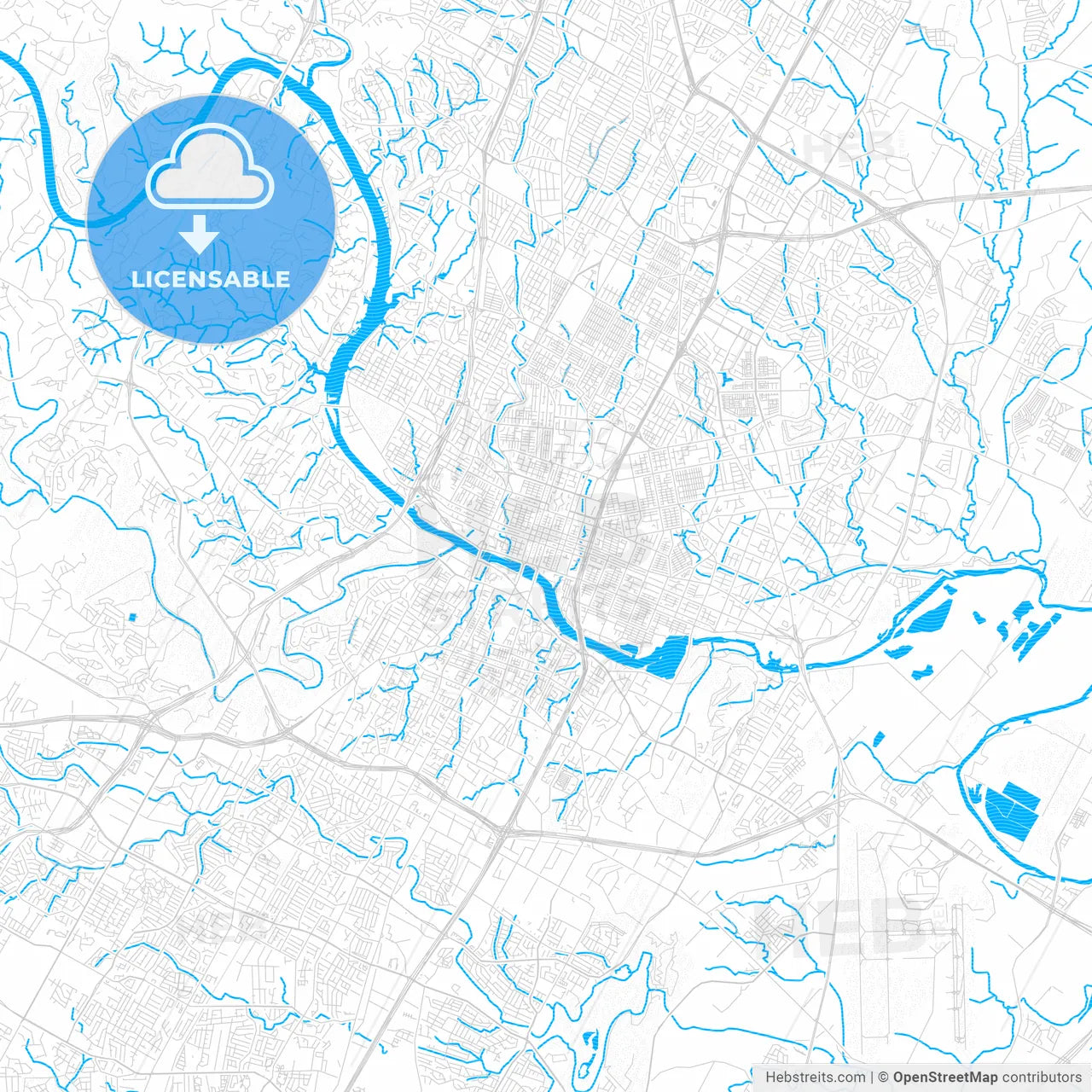Austin, Texas, United States, PDF vector map with water in focus