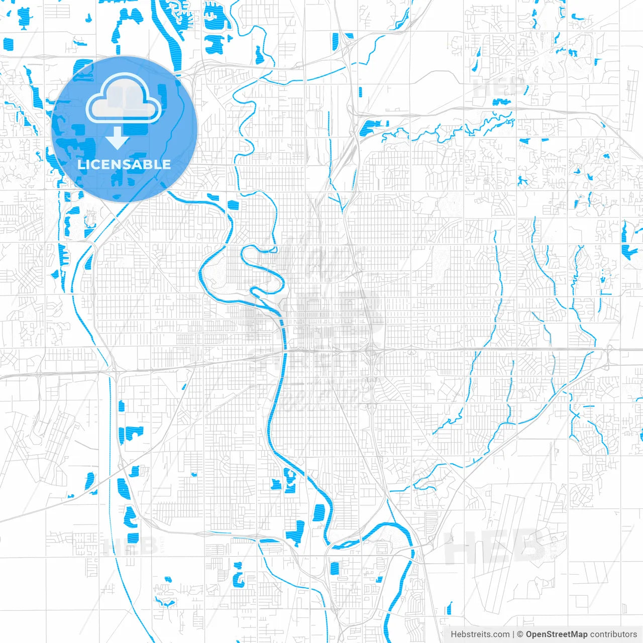 Wichita, Kansas, United States, PDF vector map with water in focus