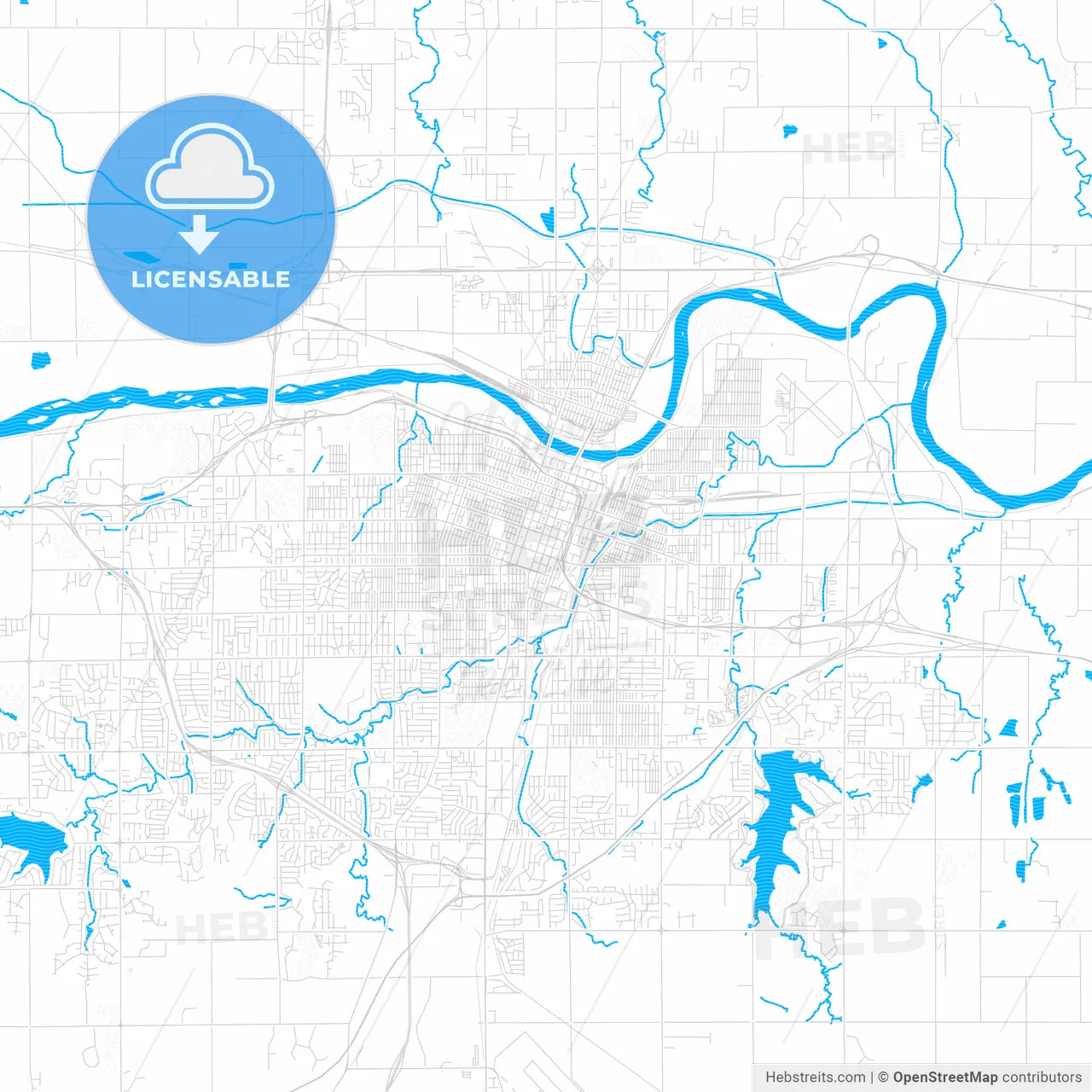 Topeka, Kansas, United States, PDF vector map with water in focus
