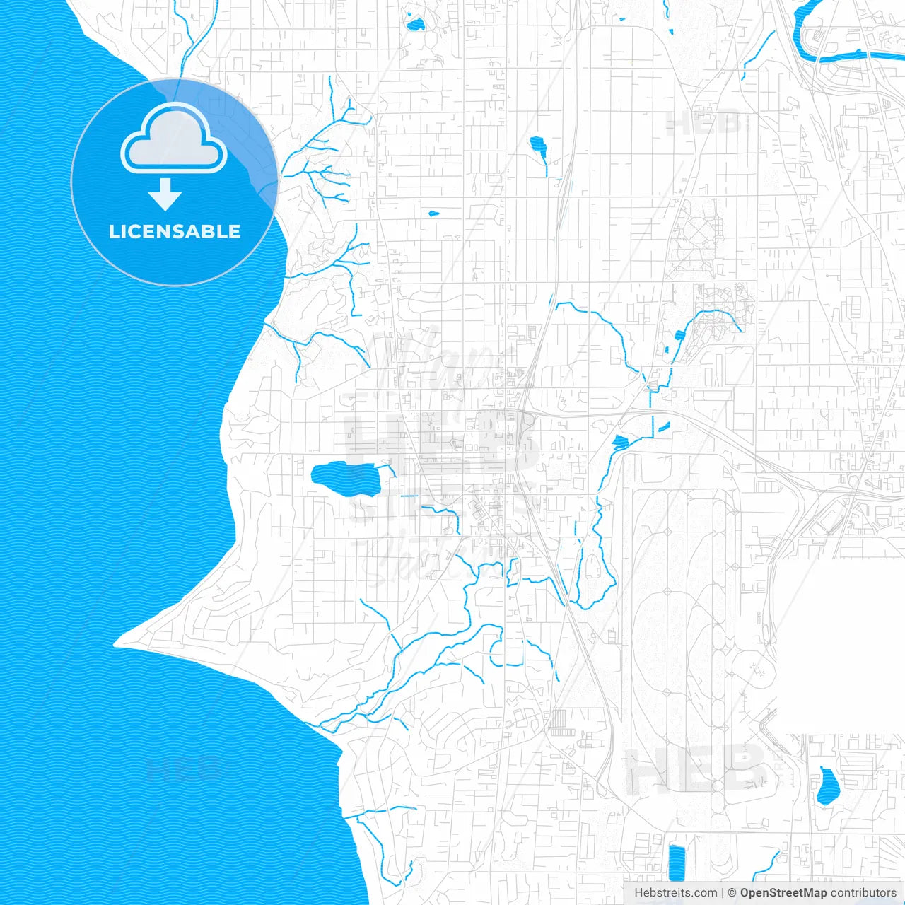 Burien, Washington, United States, PDF vector map with water in focus